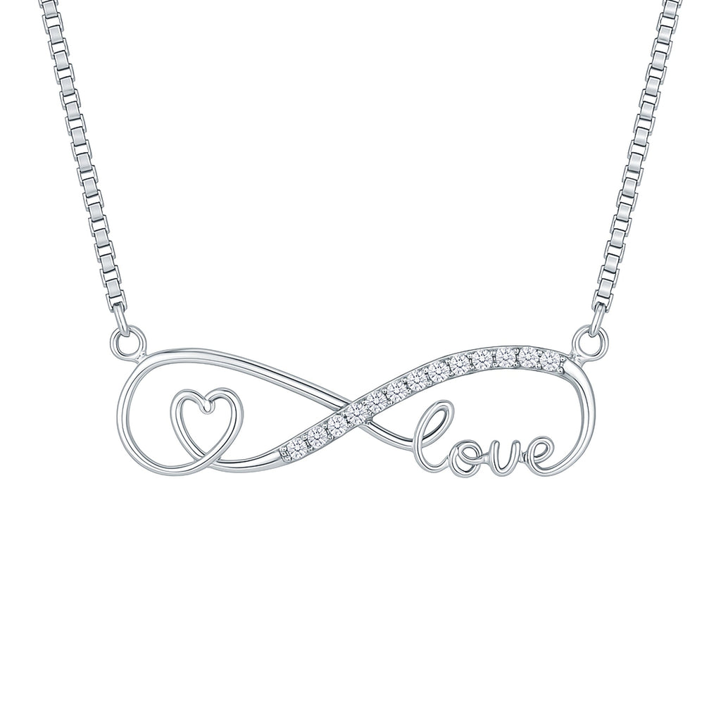 Sterling Silver Cubic Zirconia Infinity Necklace with Heart and Love