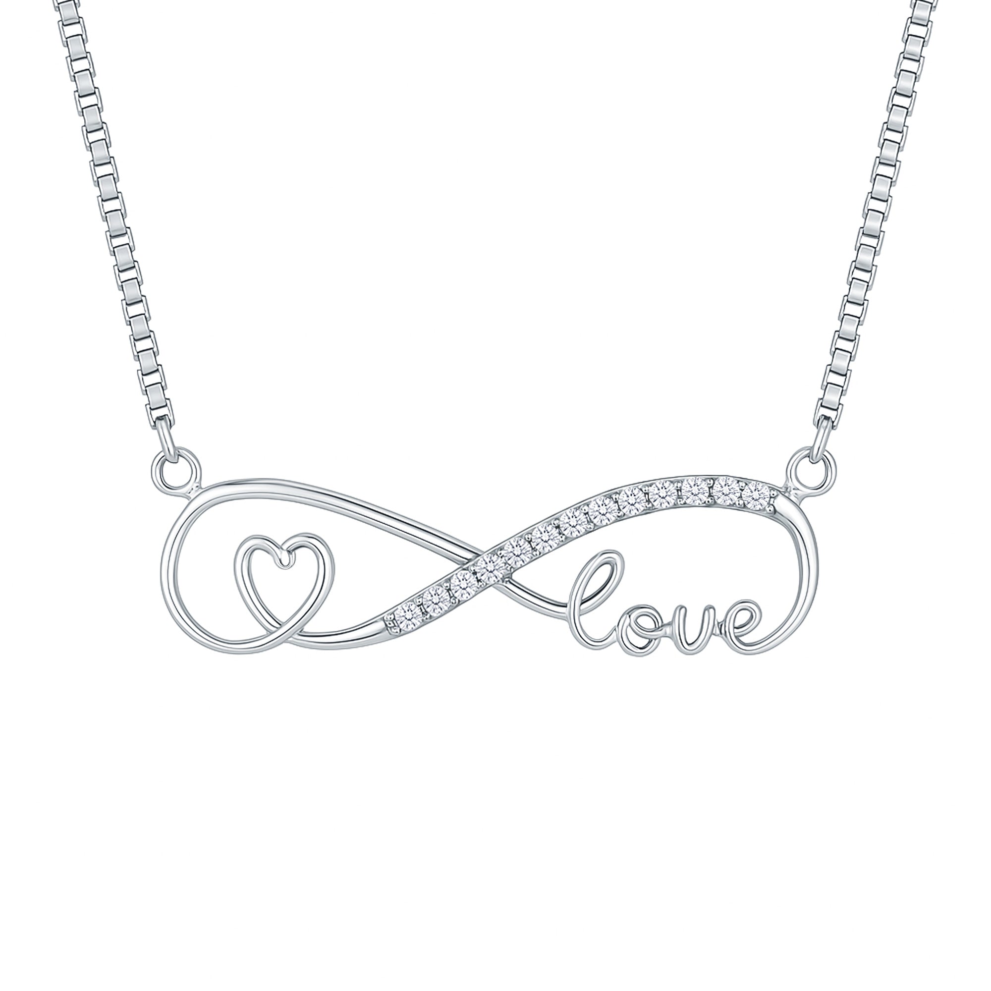 Sterling Silver Cubic Zirconia Infinity Necklace with Heart and Love