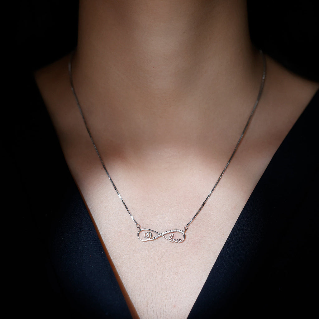 Sterling Silver Cubic Zirconia Infinity Necklace with Heart and Love