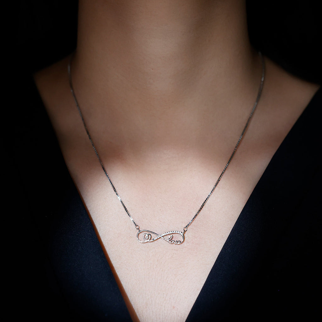 Sterling Silver Cubic Zirconia Infinity Necklace with Heart and Love