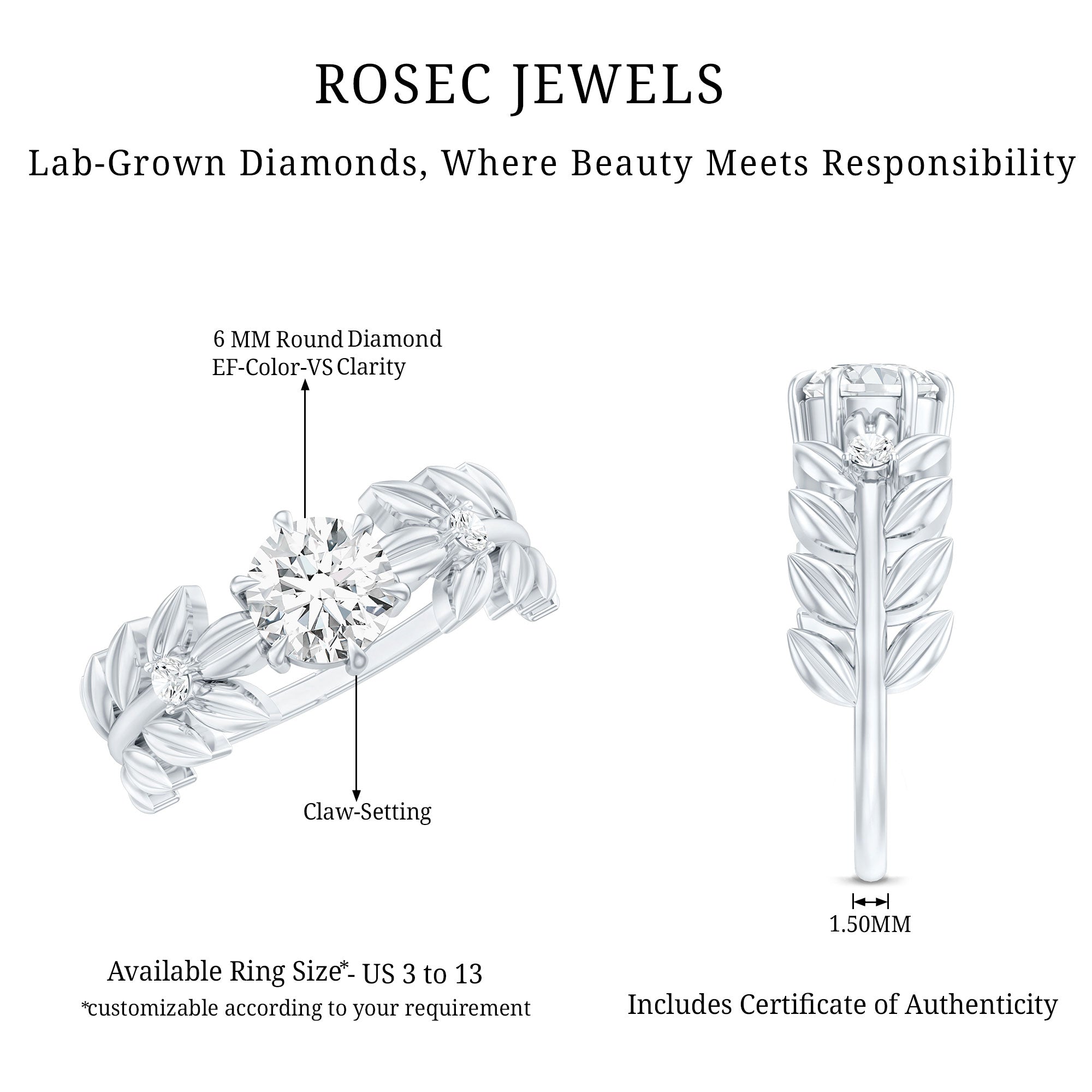 6 MM Lab Grown Diamond Nature Inspired Engagement Ring