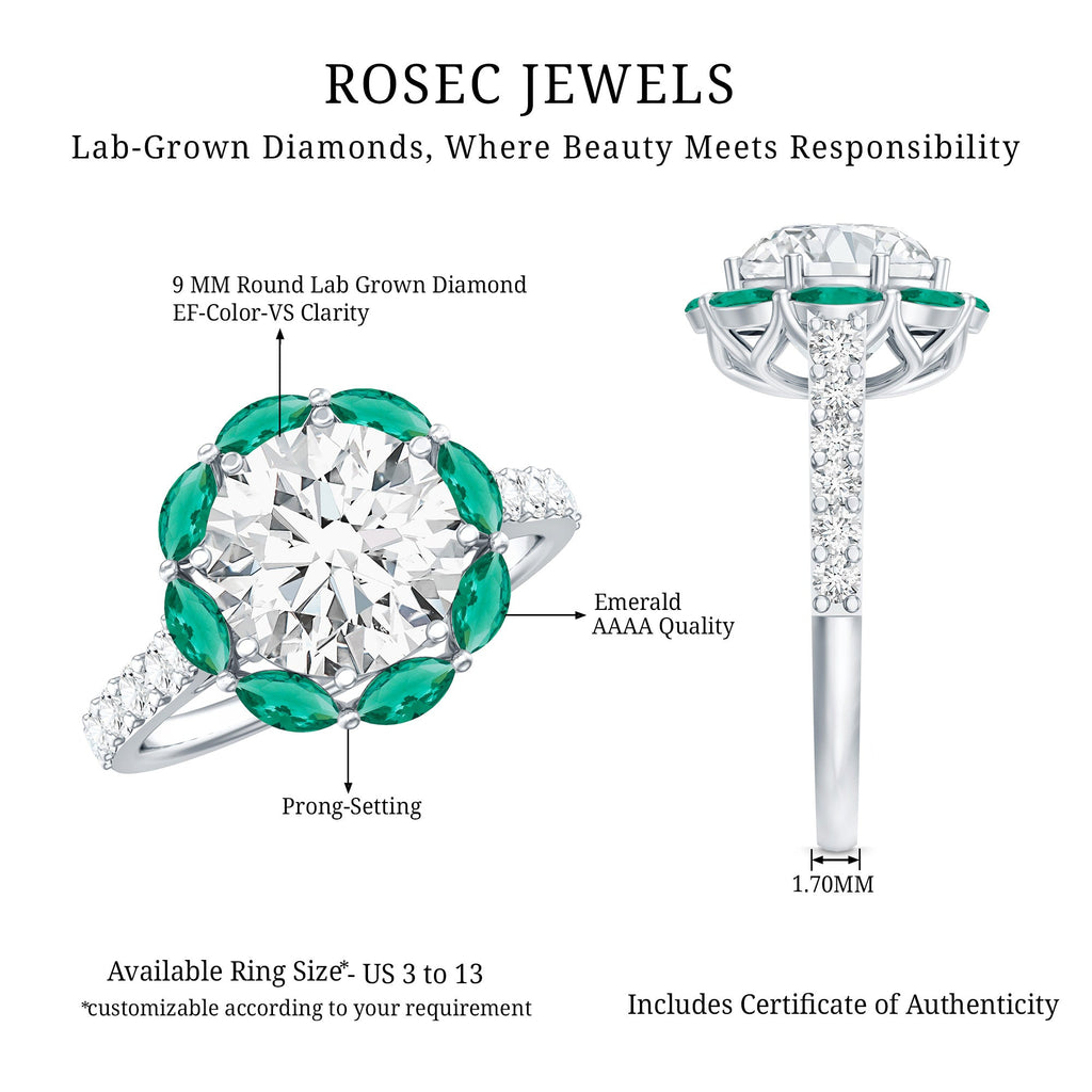 Certified Lab 9 mm Diamond Emerald Designer Engagement Ring