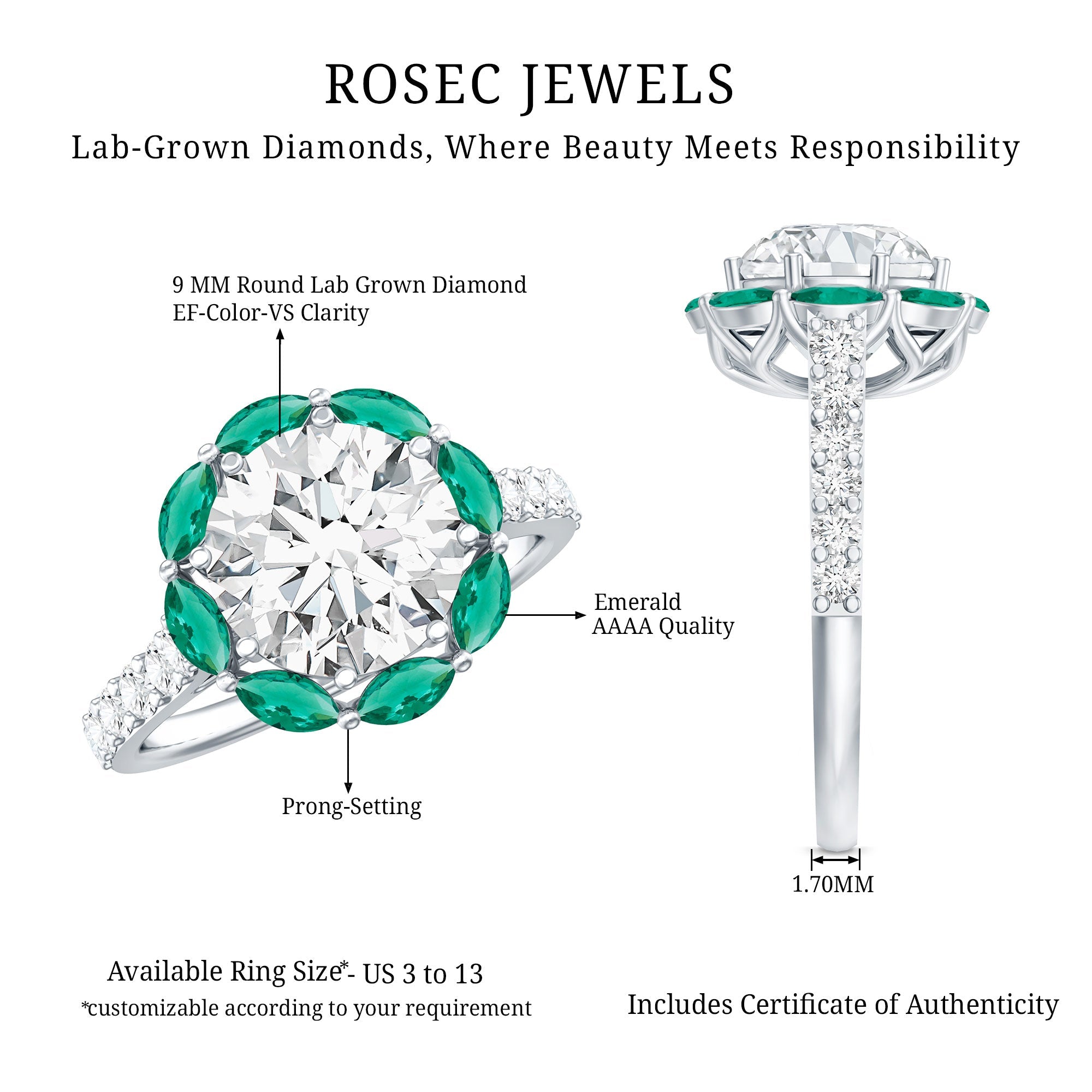 Certified Lab 9 mm Diamond Emerald Designer Engagement Ring