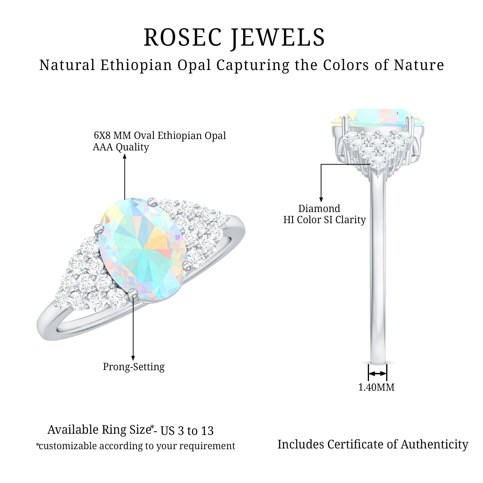 Certified 6X8mm Ethiopian Opal Oval Engagement Ring with Diamond