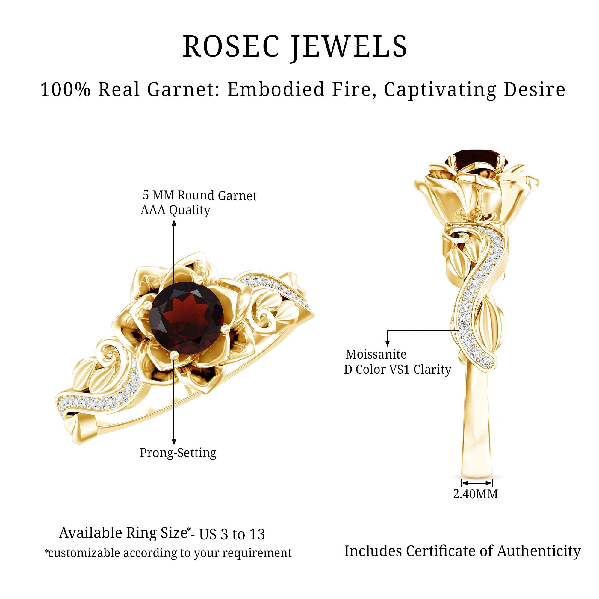 Real Garnet Vintage Engagement Ring in 14K Yellow Gold Plated Silver