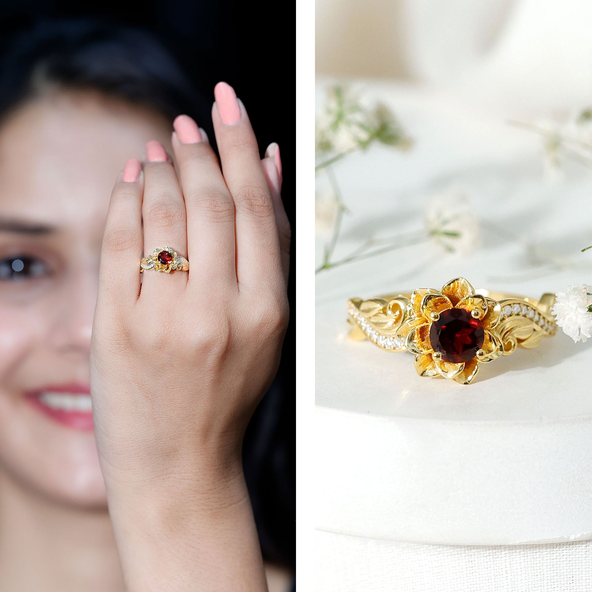 Real Garnet Vintage Engagement Ring in 14K Yellow Gold Plated Silver