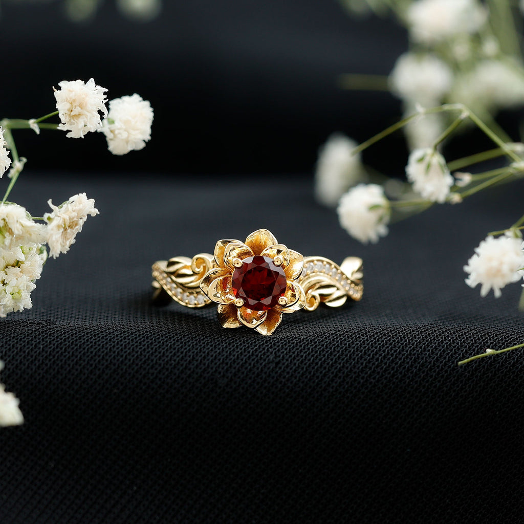 Real Garnet Vintage Engagement Ring in 14K Yellow Gold Plated Silver
