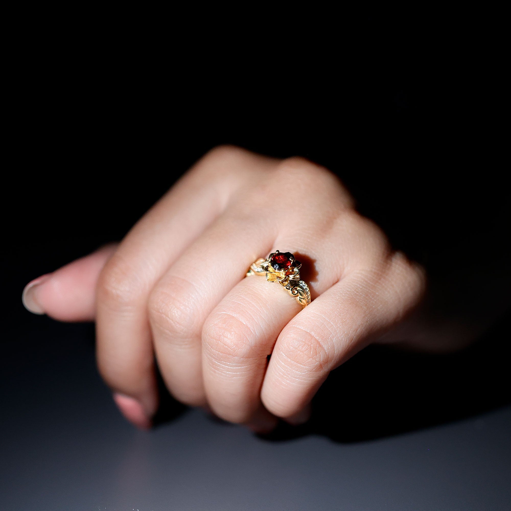 Real Garnet Vintage Engagement Ring in 14K Yellow Gold Plated Silver