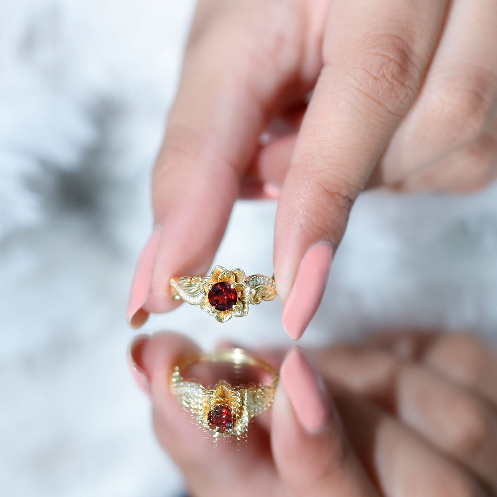Real Garnet Vintage Engagement Ring in 14K Yellow Gold Plated Silver