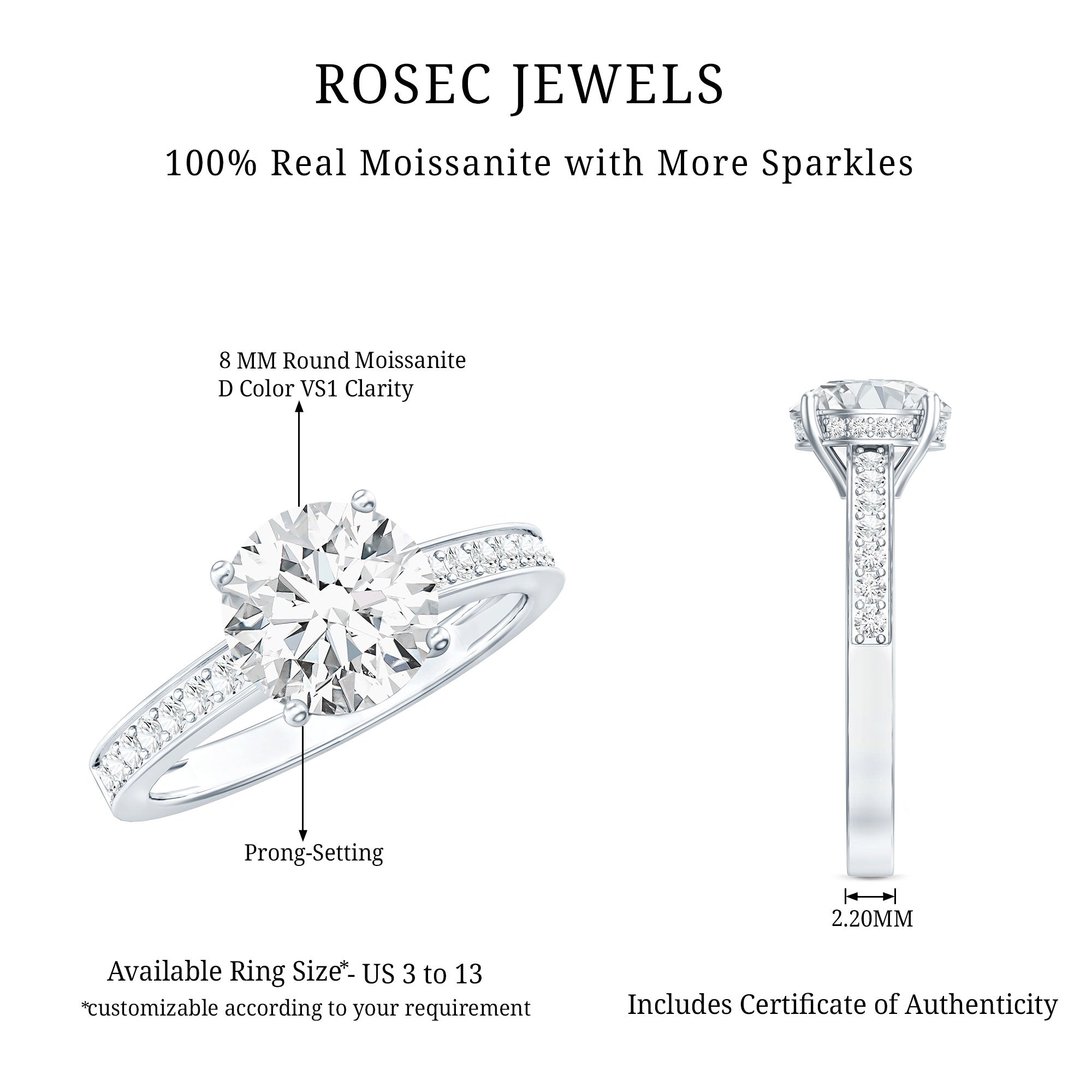 2 Carat Round Cut Moissanite Engagement Ring in 4 Prong Setting