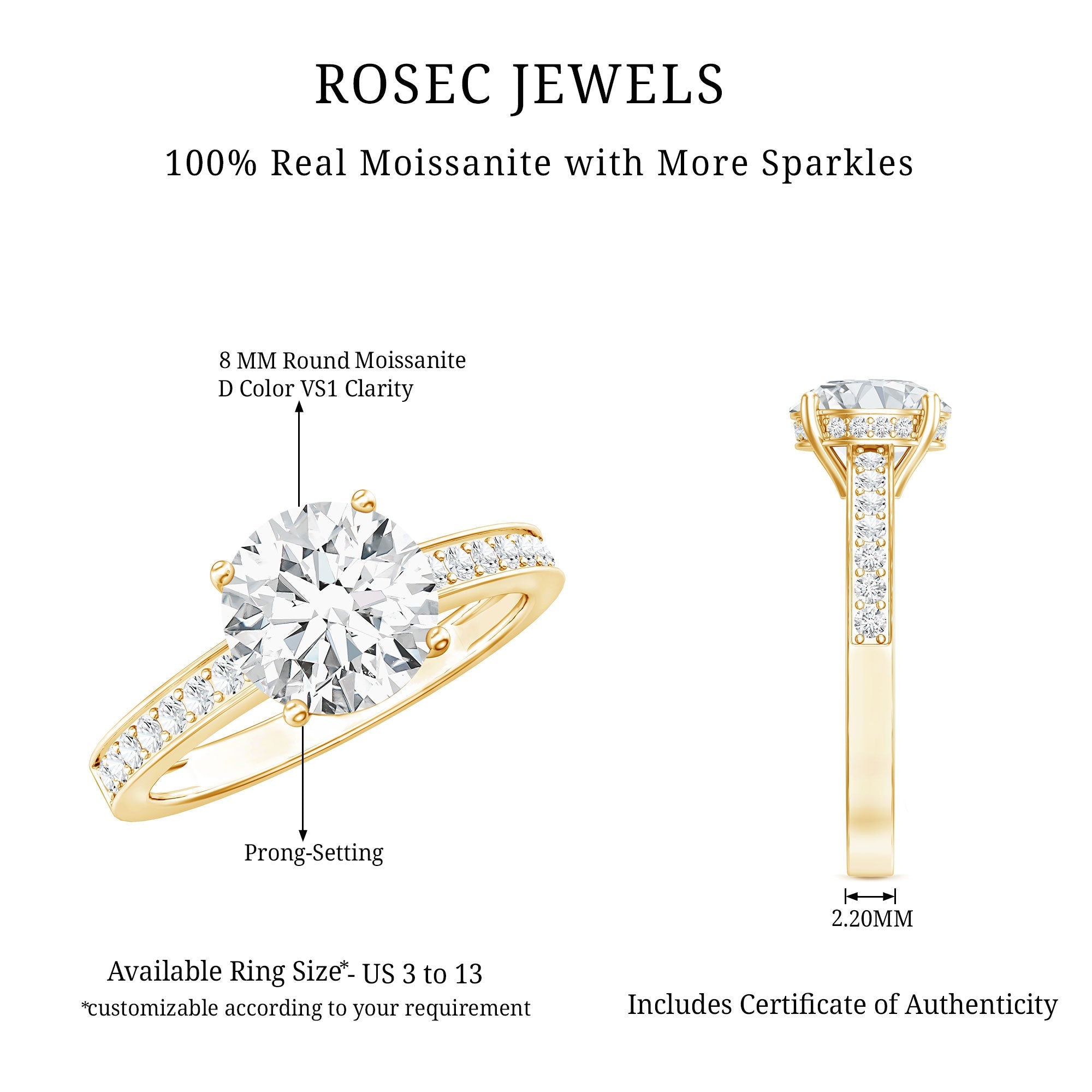 2 Carat Round Cut Moissanite Engagement Ring in 4 Prong Setting