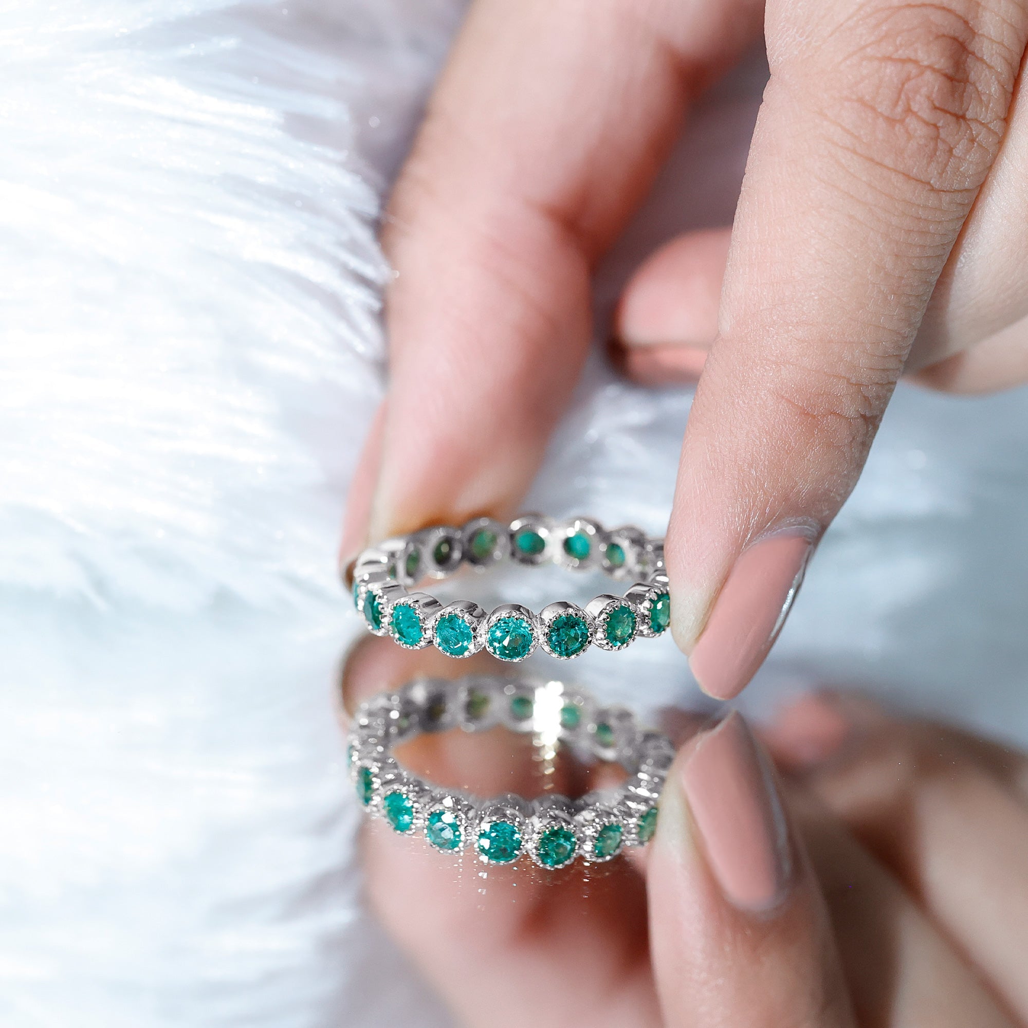 Milgrain Bezel Set Round Emerald Eternity Wedding Band