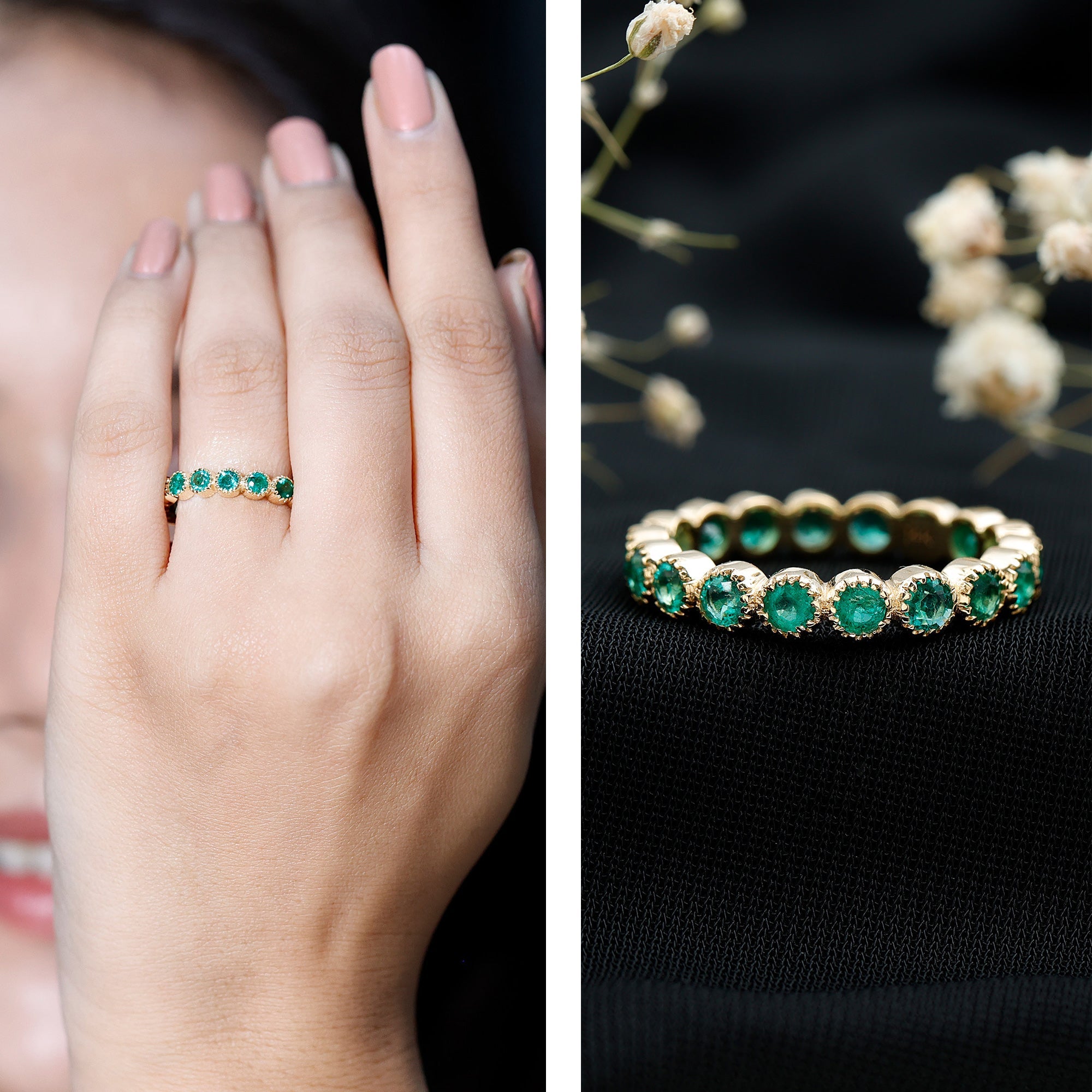 Milgrain Bezel Set Round Emerald Eternity Wedding Band