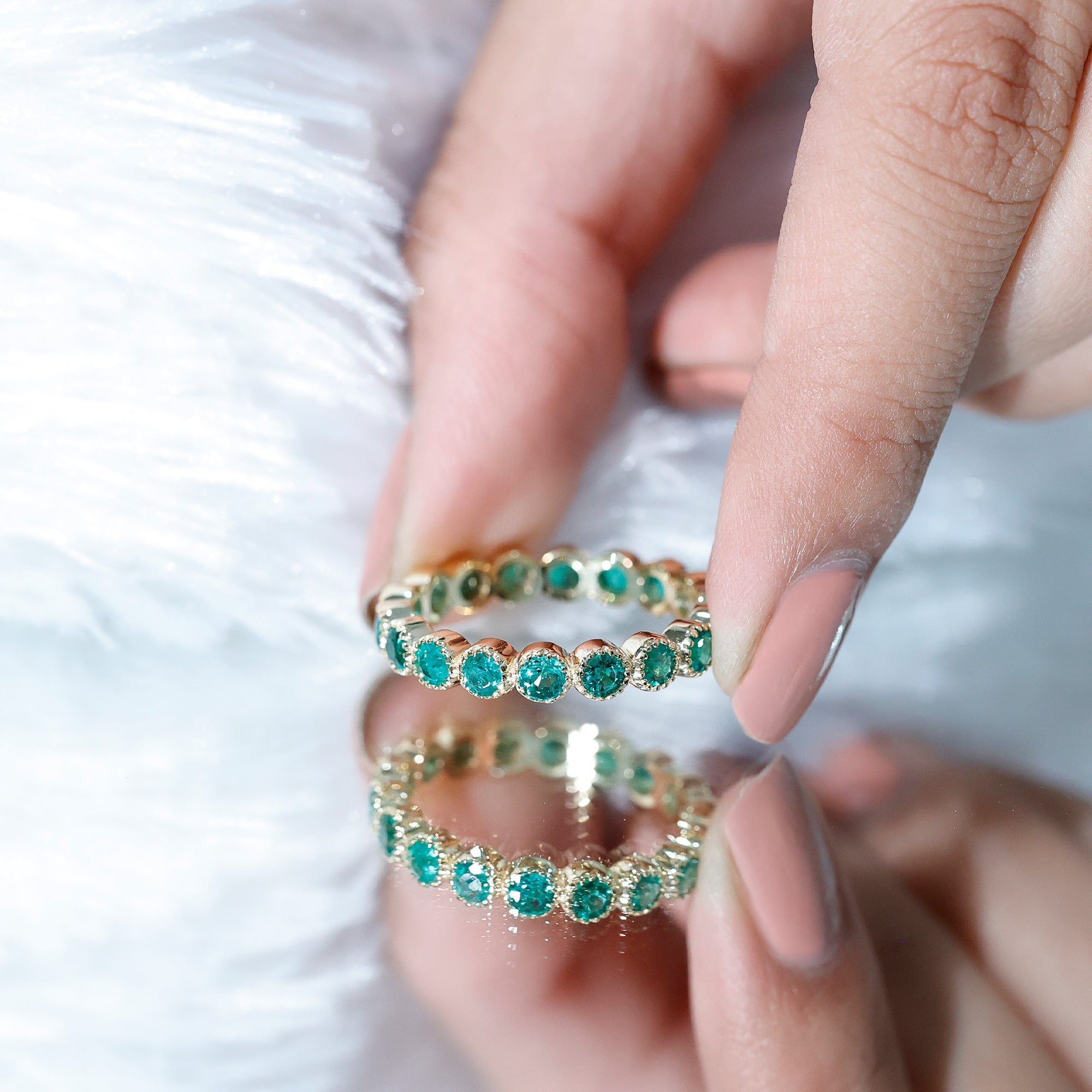 Milgrain Bezel Set Round Emerald Eternity Wedding Band