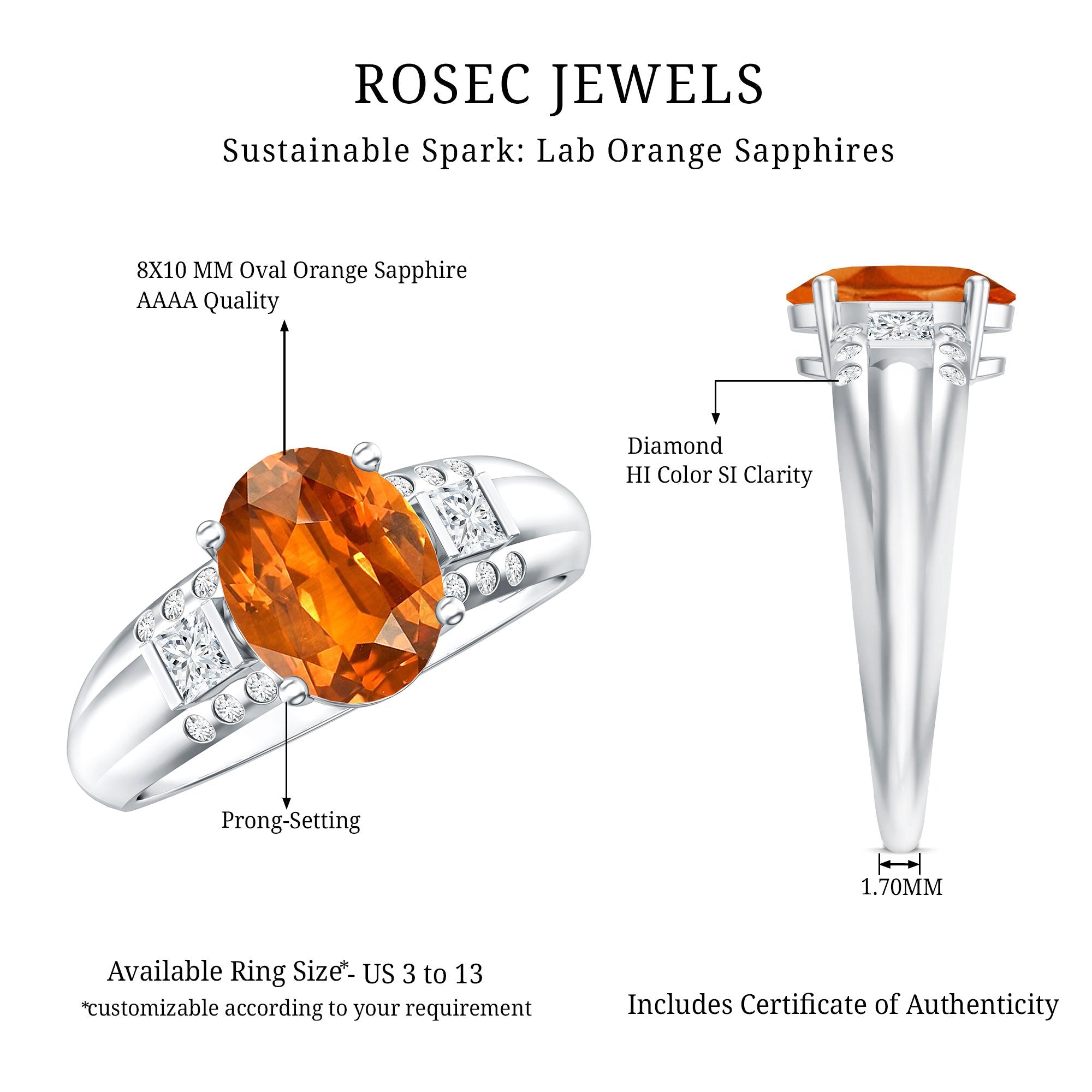 4 Carat Oval Lab Grown Orange Sapphire Statement Engagement Ring with Diamond