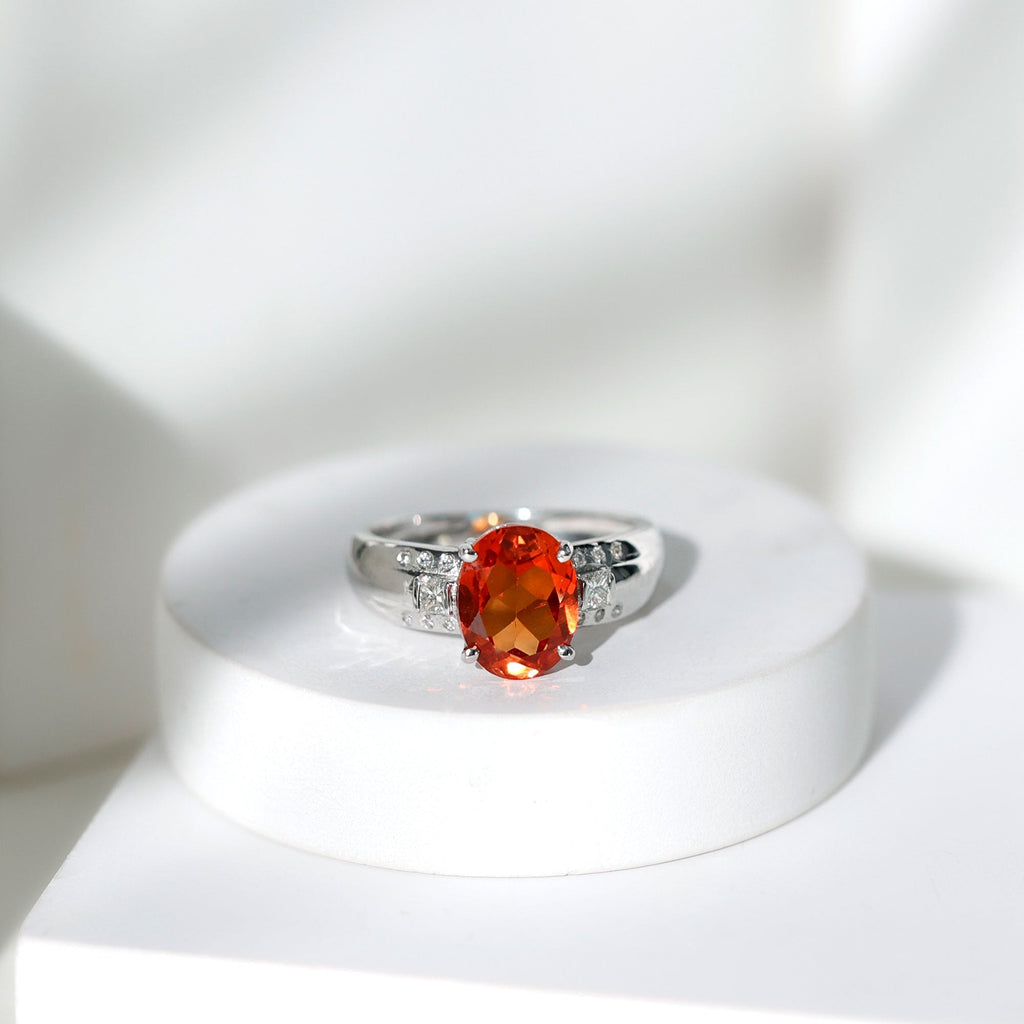 4 Carat Oval Lab Grown Orange Sapphire Statement Engagement Ring with Diamond