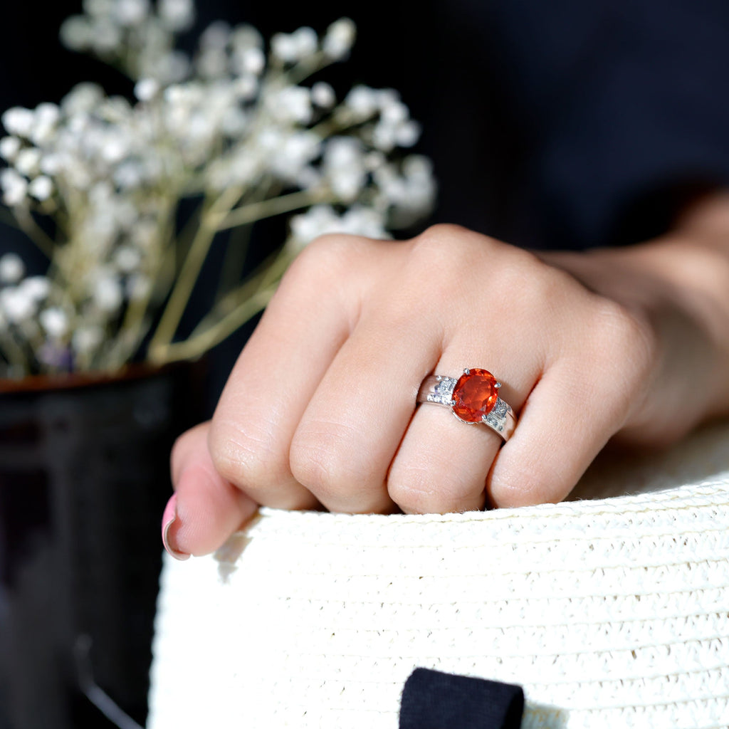 4 Carat Oval Lab Grown Orange Sapphire Statement Engagement Ring with Diamond