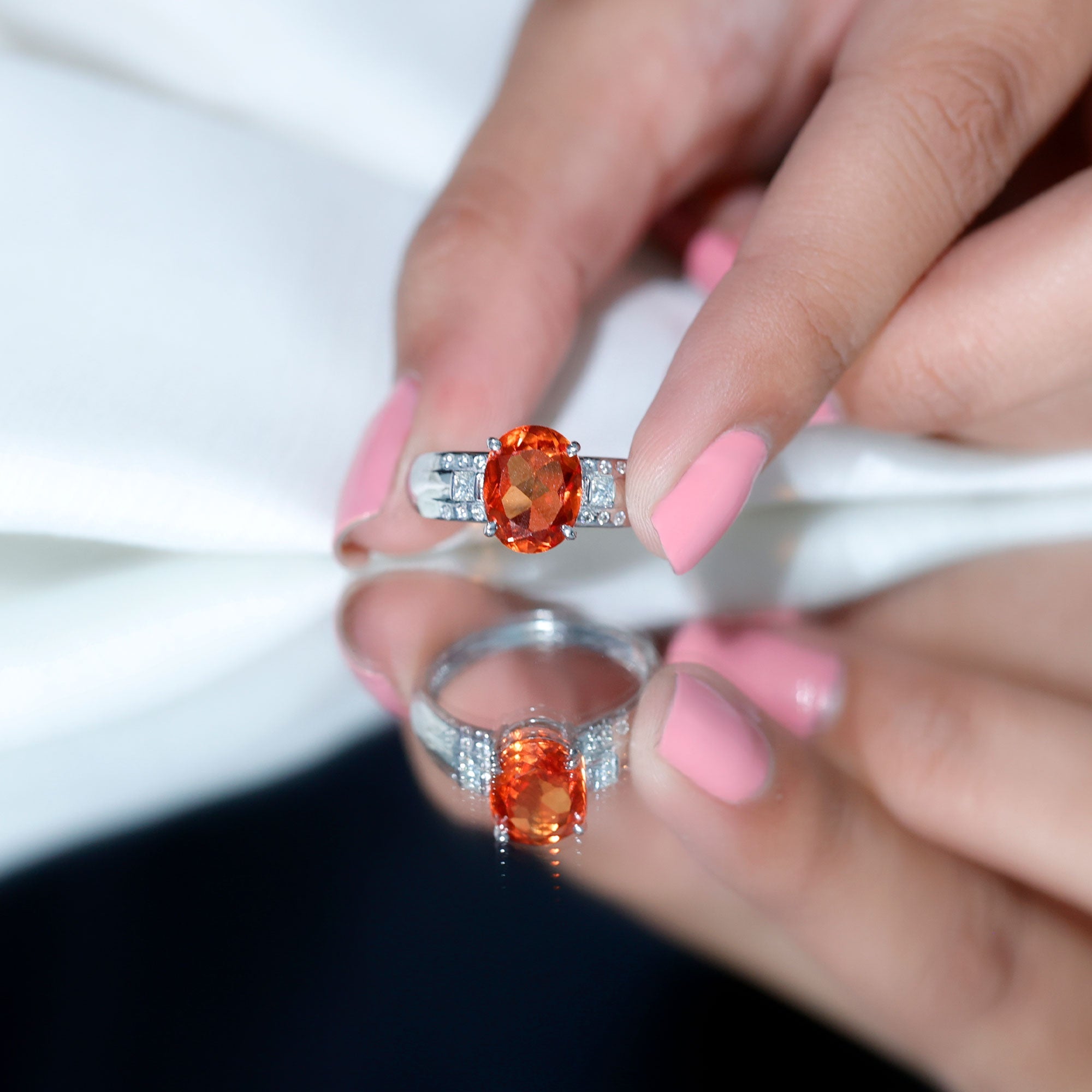 4 Carat Oval Lab Grown Orange Sapphire Statement Engagement Ring with Diamond