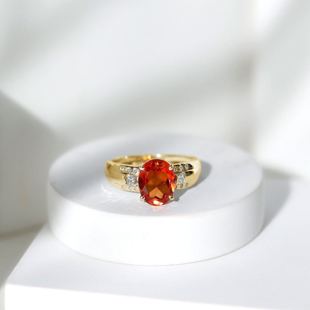 4 Carat Oval Lab Grown Orange Sapphire Statement Engagement Ring with Diamond