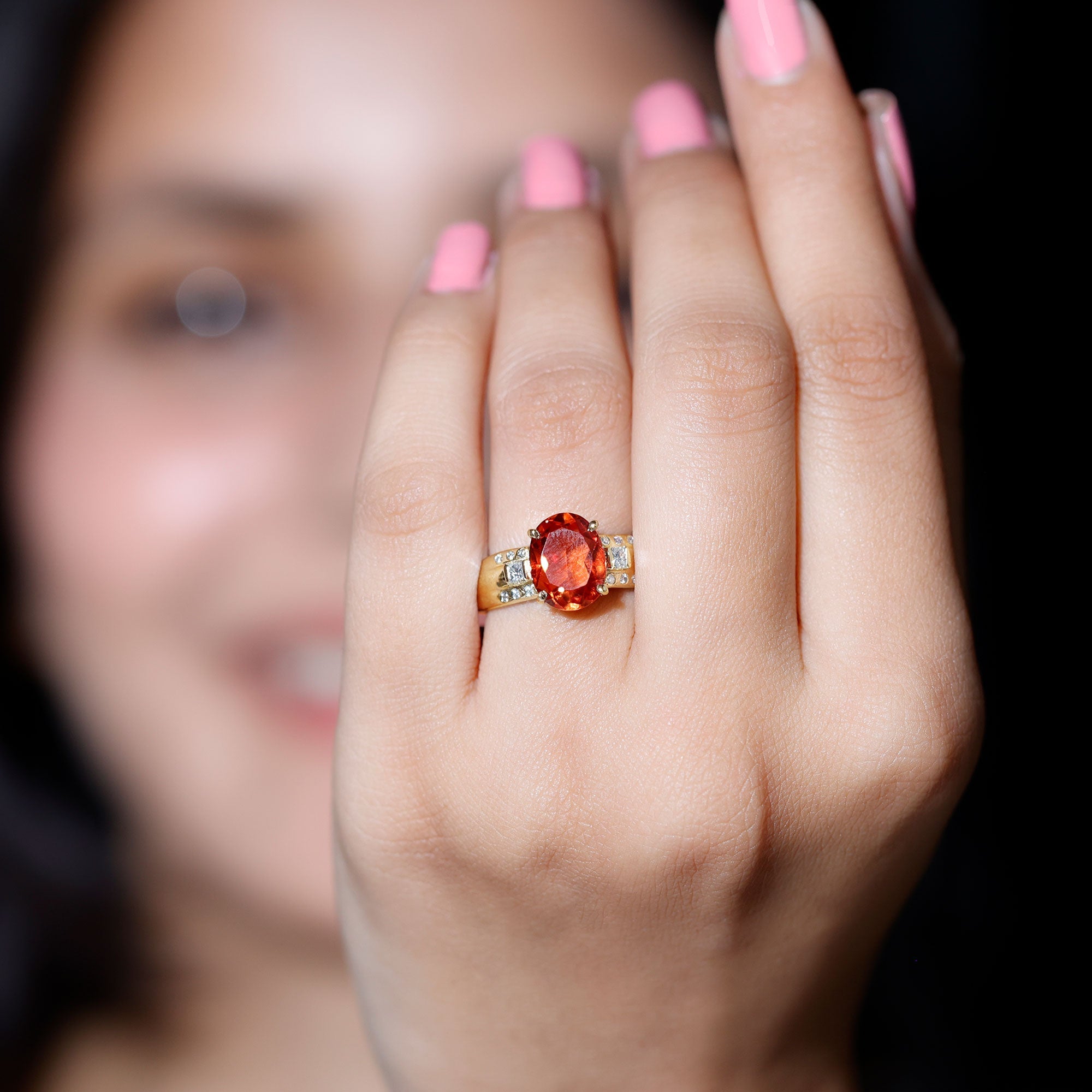 4 Carat Oval Lab Grown Orange Sapphire Statement Engagement Ring with Diamond