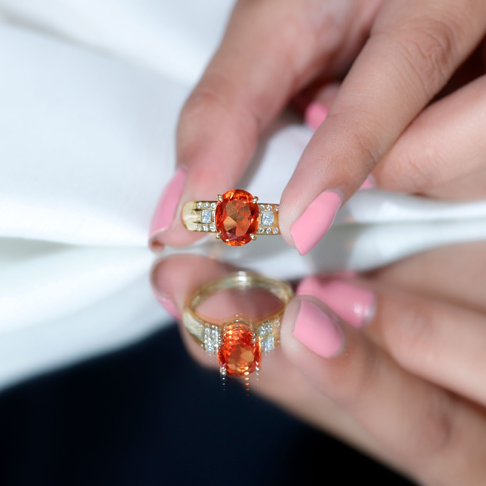 4 Carat Oval Lab Grown Orange Sapphire Statement Engagement Ring with Diamond
