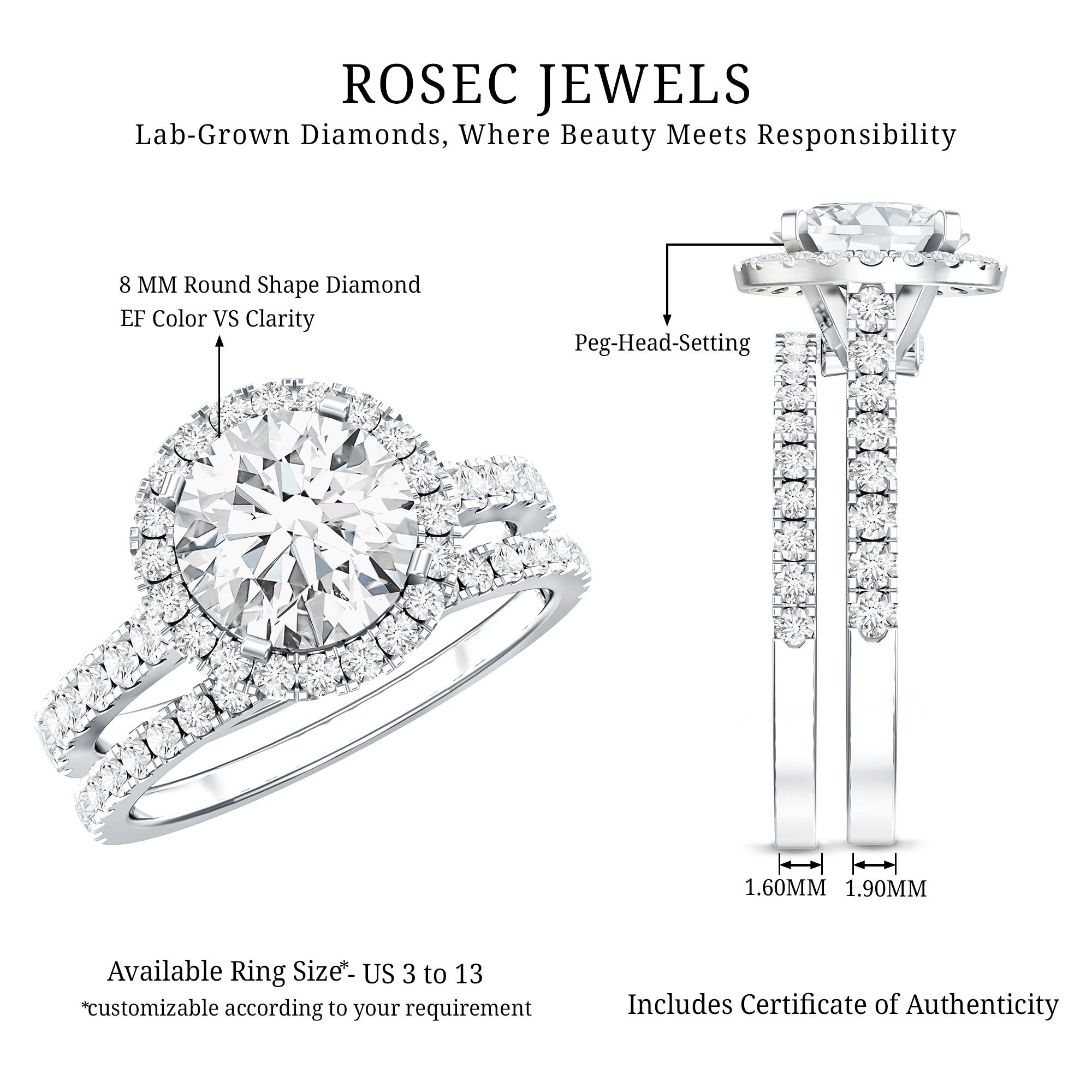 Certified Lab Grown Diamond Halo Ring With Wedding Band
