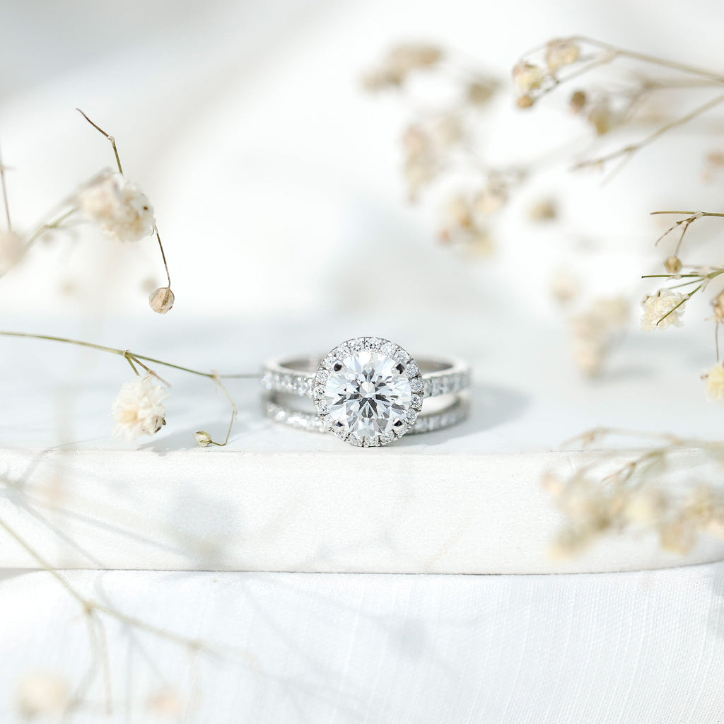 Certified Lab Grown Diamond Halo Ring With Wedding Band