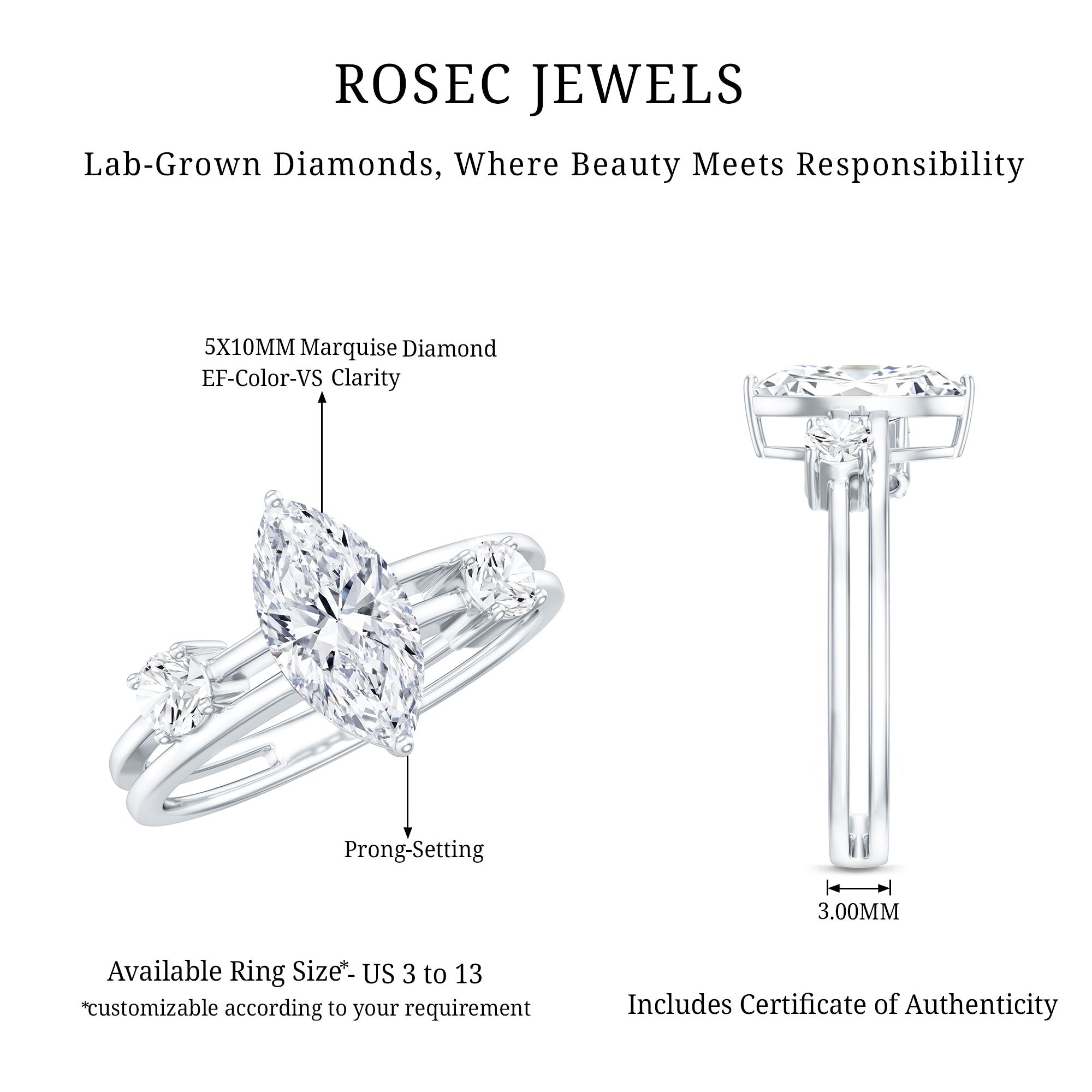 Marquise Cut Lab Grown Diamond Double Band Ring for Women