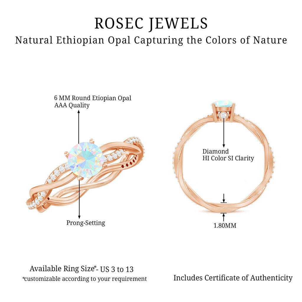 Certified Real Ethiopian Opal Diamond Pre Engagement Ring with Braided Shank