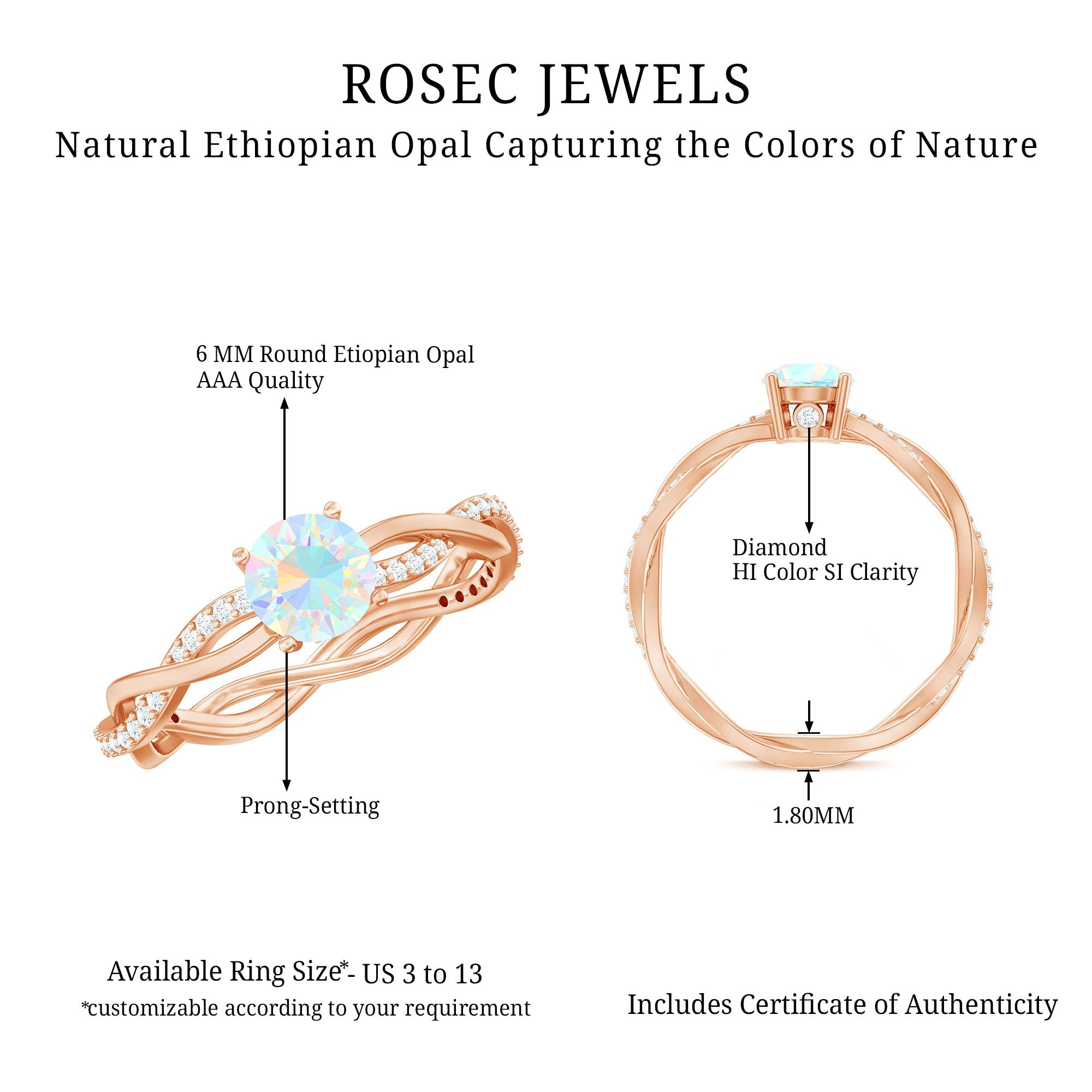 Certified Real Ethiopian Opal Diamond Pre Engagement Ring with Braided Shank