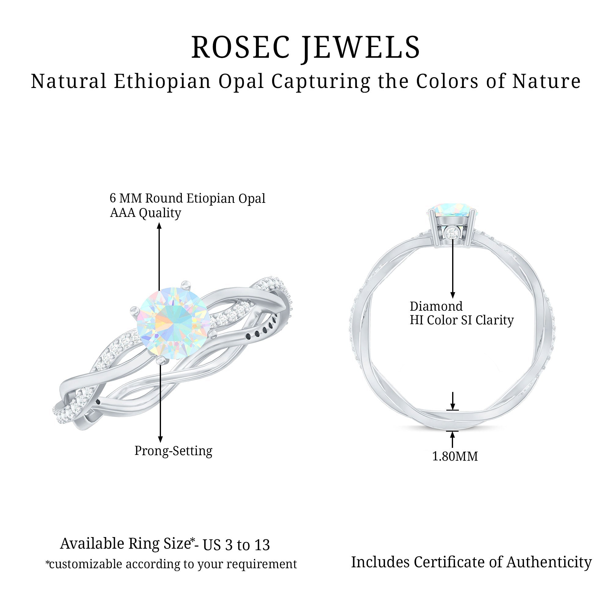 Certified Real Ethiopian Opal Diamond Pre Engagement Ring with Braided Shank