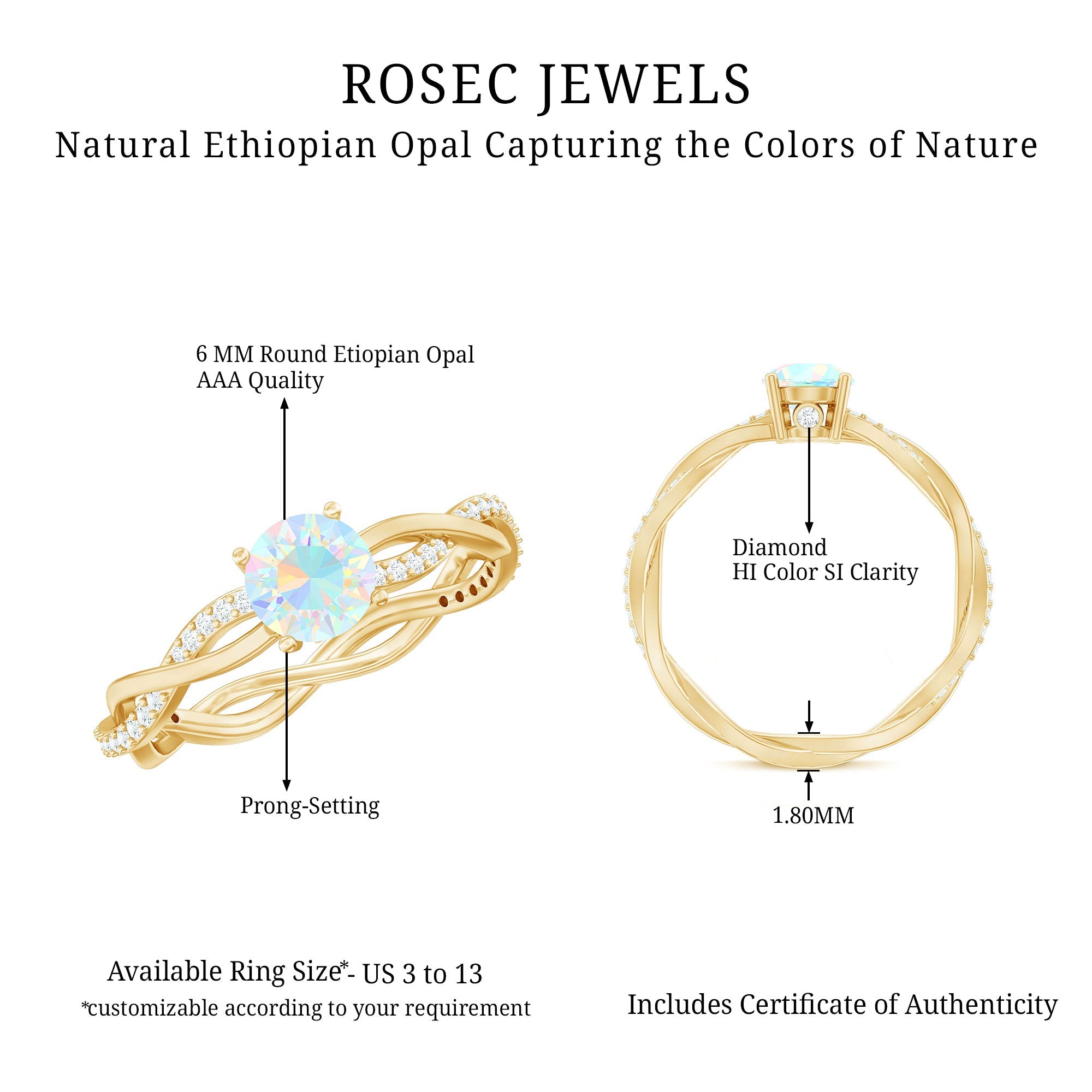 Certified Real Ethiopian Opal Diamond Pre Engagement Ring with Braided Shank