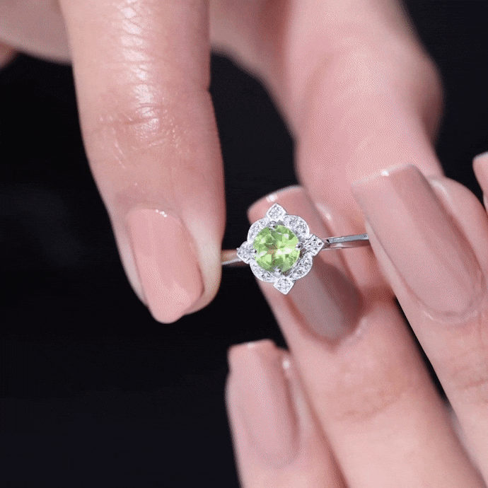 Genuine Half Carat Peridot Vintage Engagement Ring with Diamond Halo