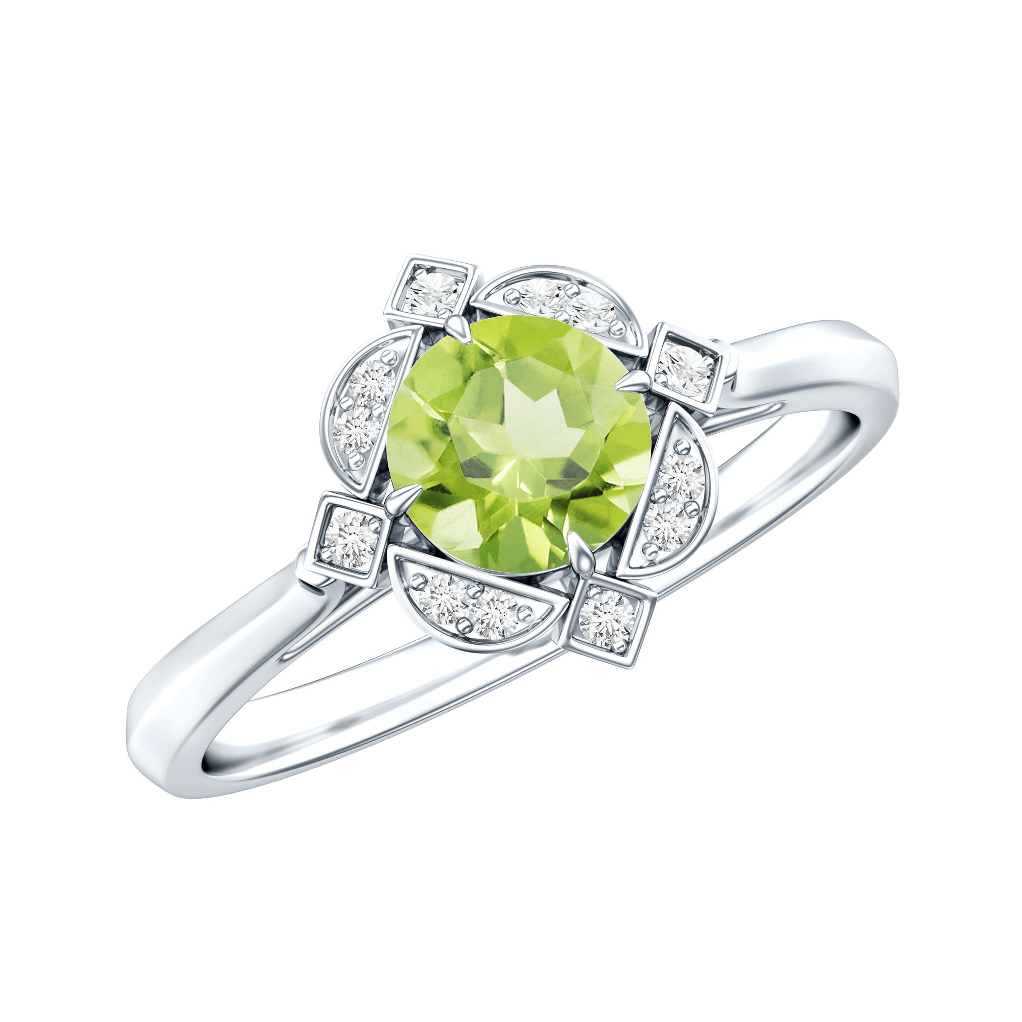 Genuine Half Carat Peridot Vintage Engagement Ring with Diamond Halo