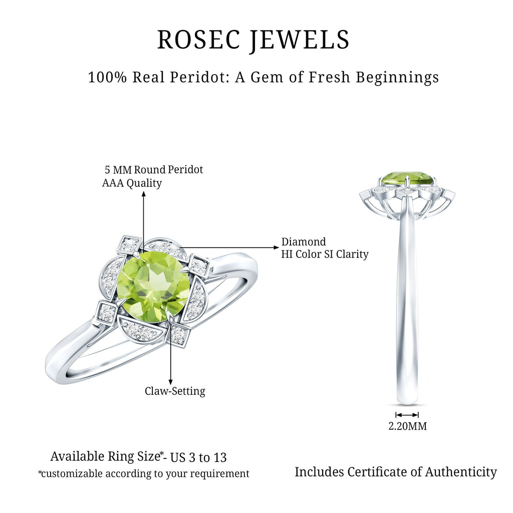 Genuine Half Carat Peridot Vintage Engagement Ring with Diamond Halo