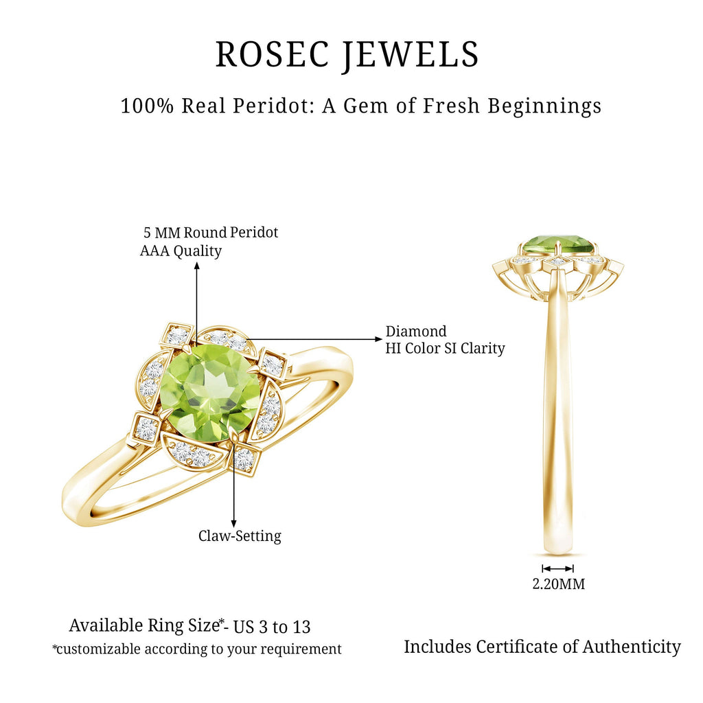 Genuine Half Carat Peridot Vintage Engagement Ring with Diamond Halo