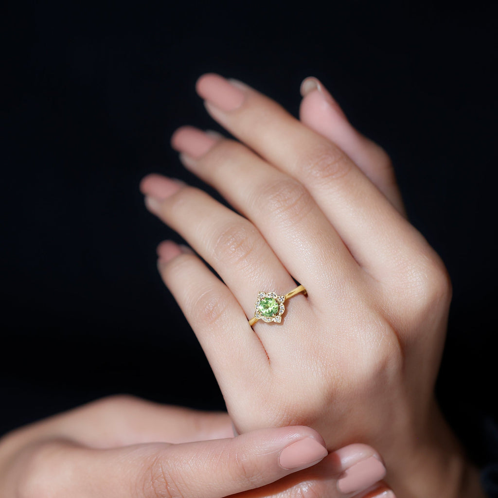 Genuine Half Carat Peridot Vintage Engagement Ring with Diamond Halo
