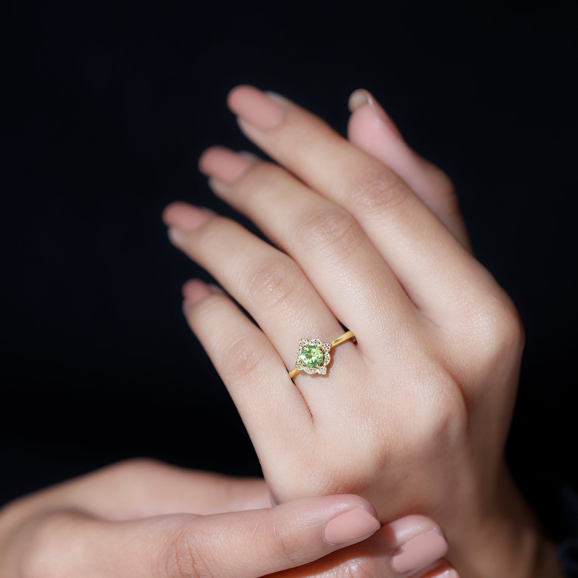 Genuine Half Carat Peridot Vintage Engagement Ring with Diamond Halo