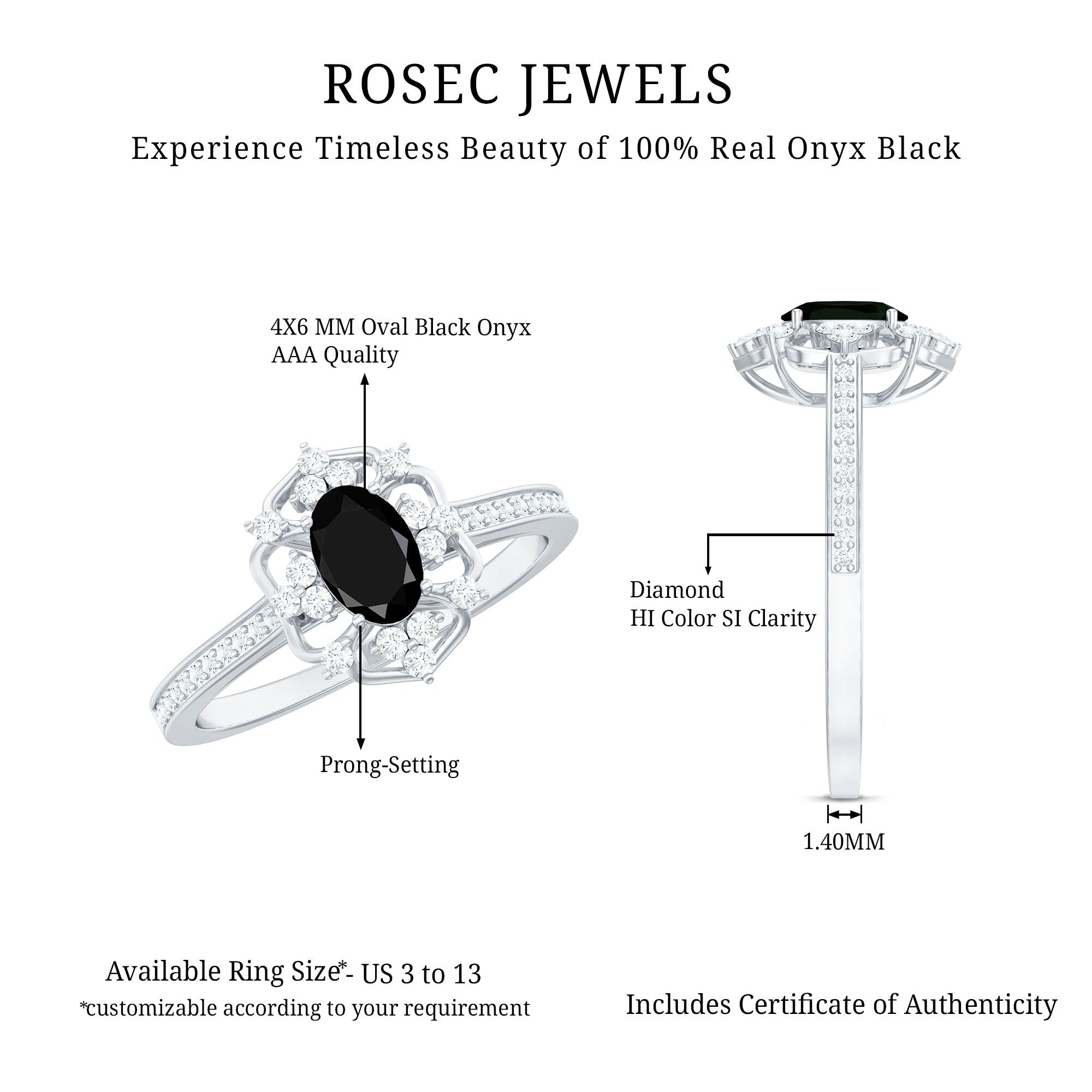 Certified 4X6mm Black Onyx Vintage Inspired Engagement Ring with Diamond