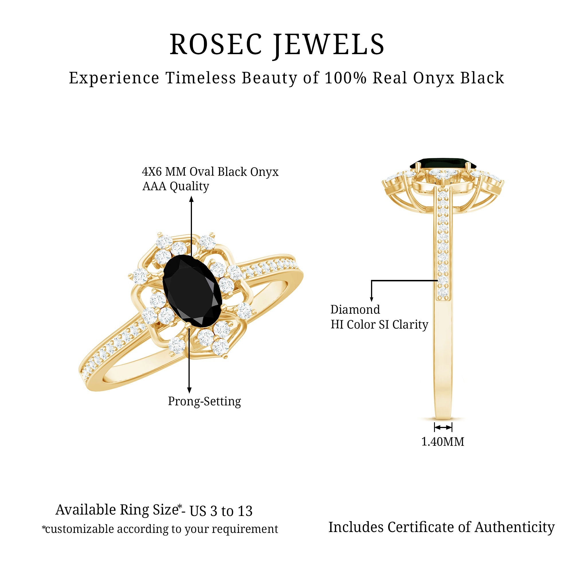 Certified 4X6mm Black Onyx Vintage Inspired Engagement Ring with Diamond