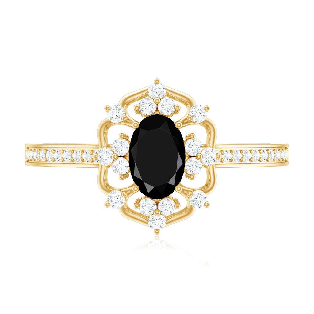 Certified 4X6mm Black Onyx Vintage Inspired Engagement Ring with Diamond