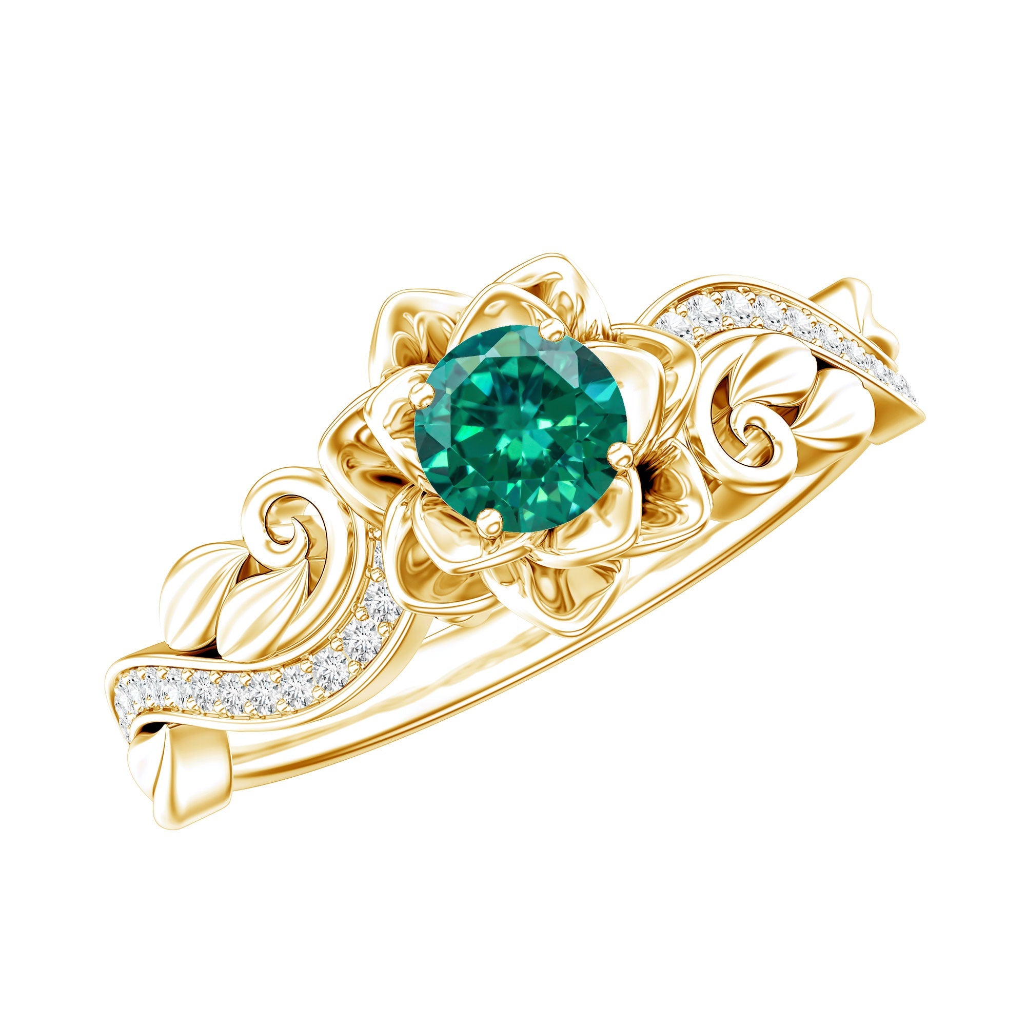 Lab Created Emerald and Diamond Flower Engagement Ring in Silver