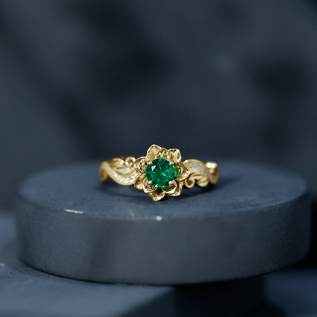 Lab Created Emerald and Diamond Flower Engagement Ring in Silver