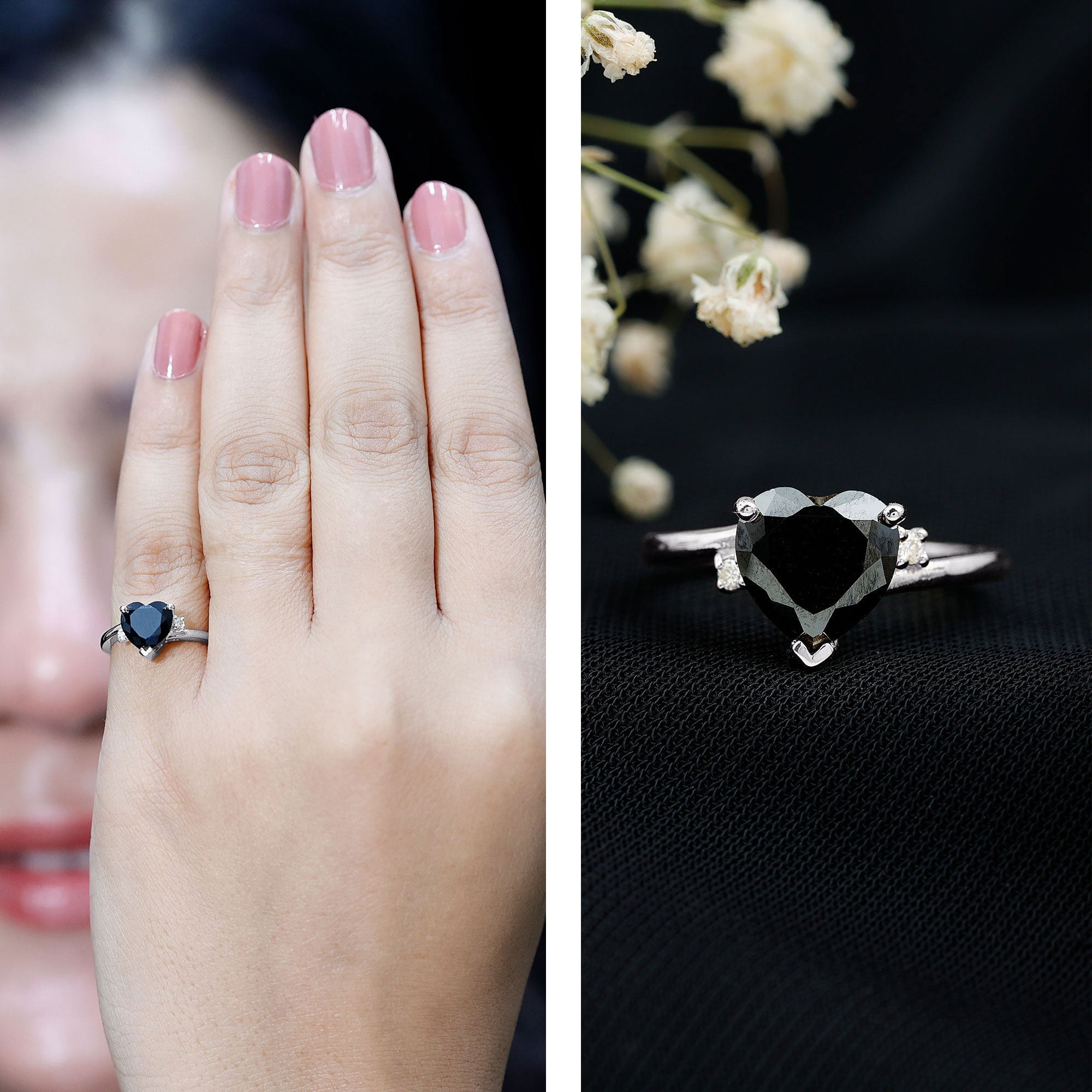 Certified 2.4 Carat Lab Grown Black and White Diamond Heart Engagement Ring with Bypass Shank