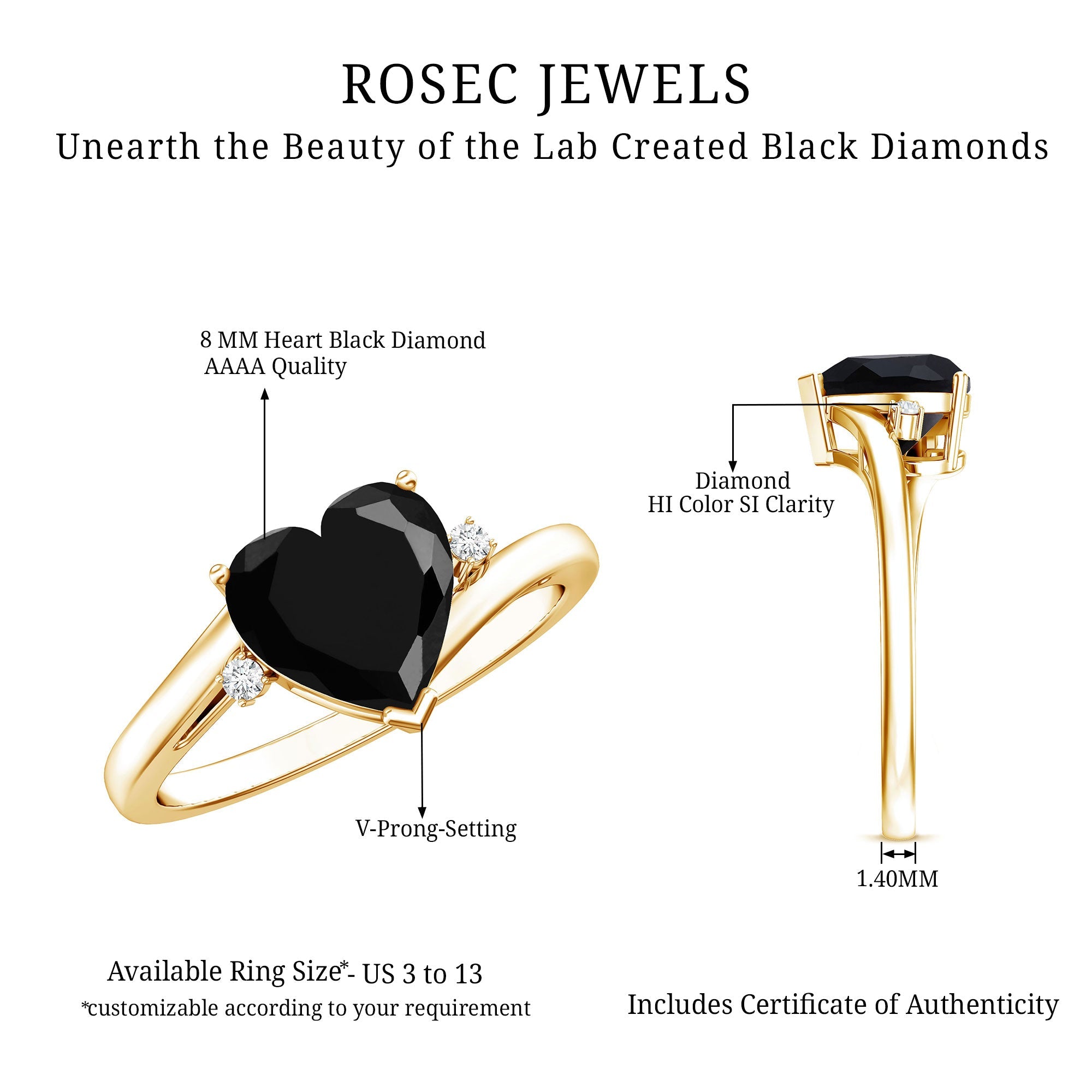 Certified 2.4 Carat Lab Grown Black and White Diamond Heart Engagement Ring with Bypass Shank