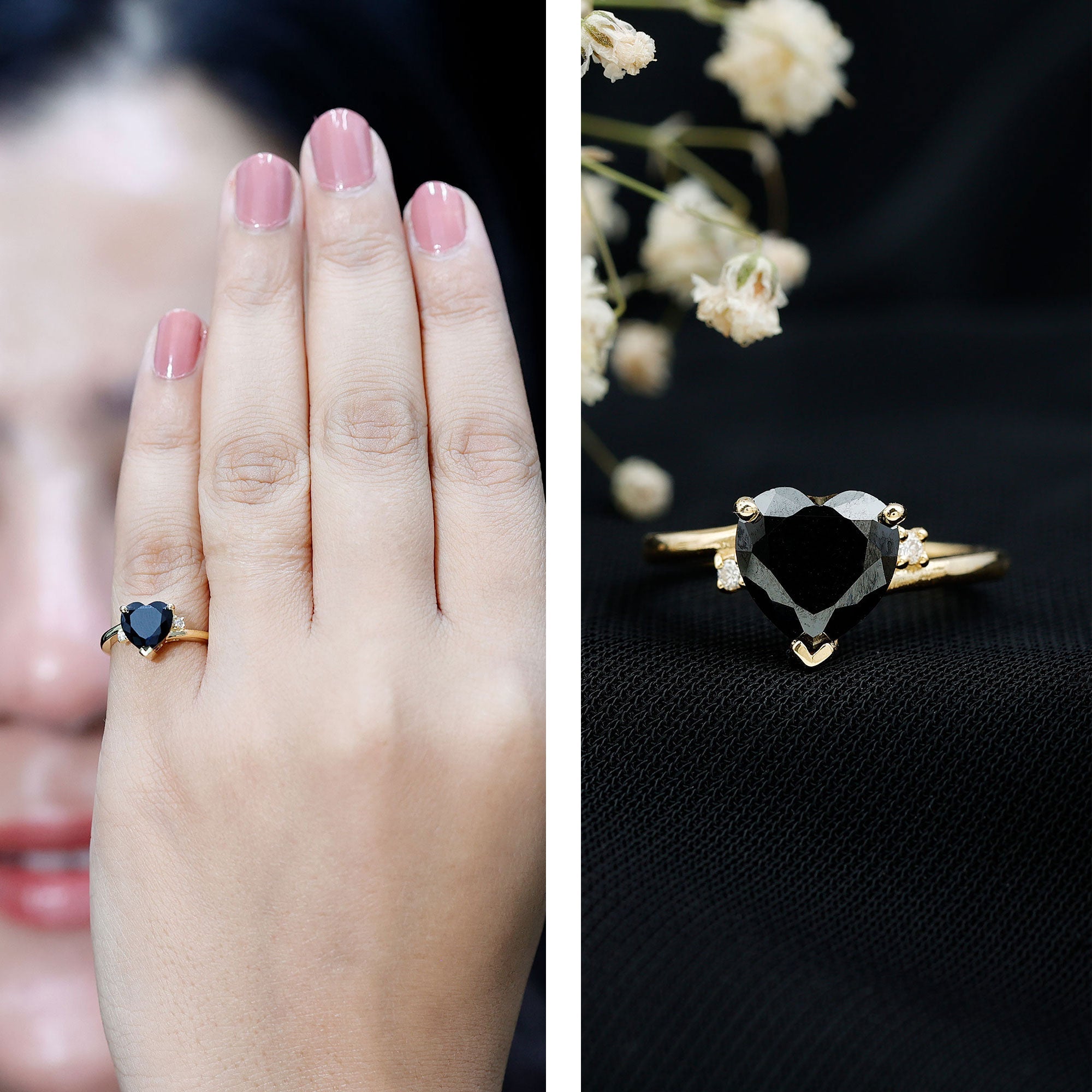 Certified 2.4 Carat Lab Grown Black and White Diamond Heart Engagement Ring with Bypass Shank