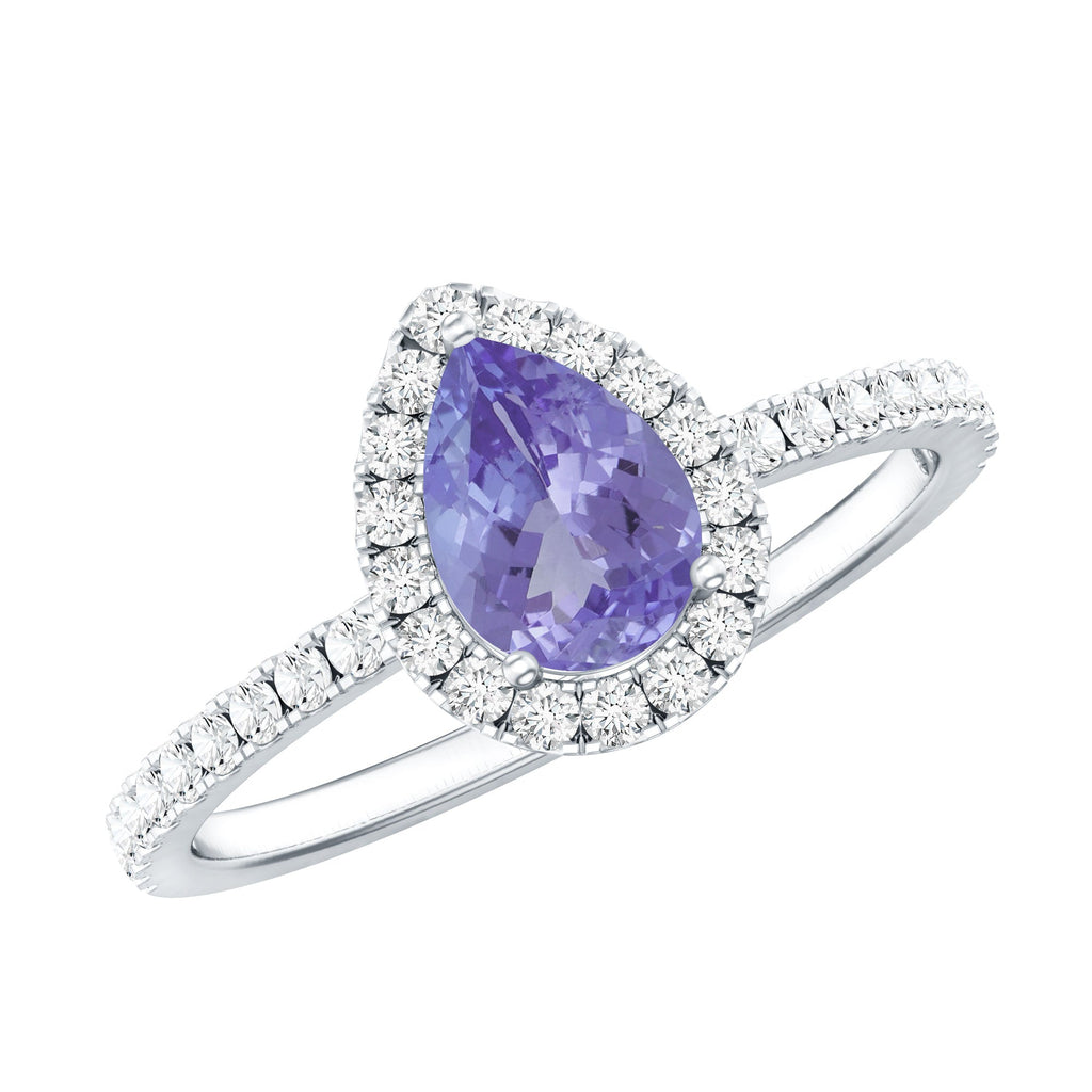 Real 0.84 Carat Tanzanite Teardrop Engagement Ring with Diamond Halo