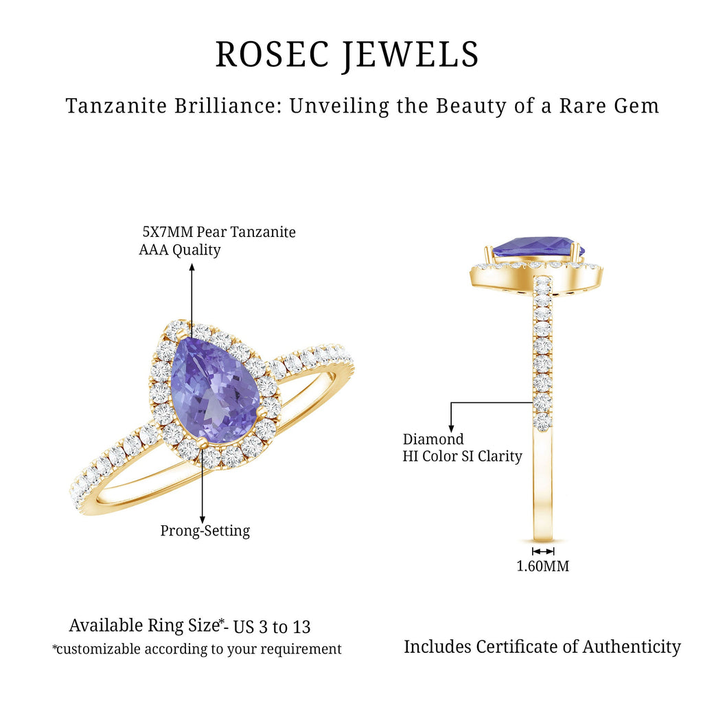 Real 0.84 Carat Tanzanite Teardrop Engagement Ring with Diamond Halo