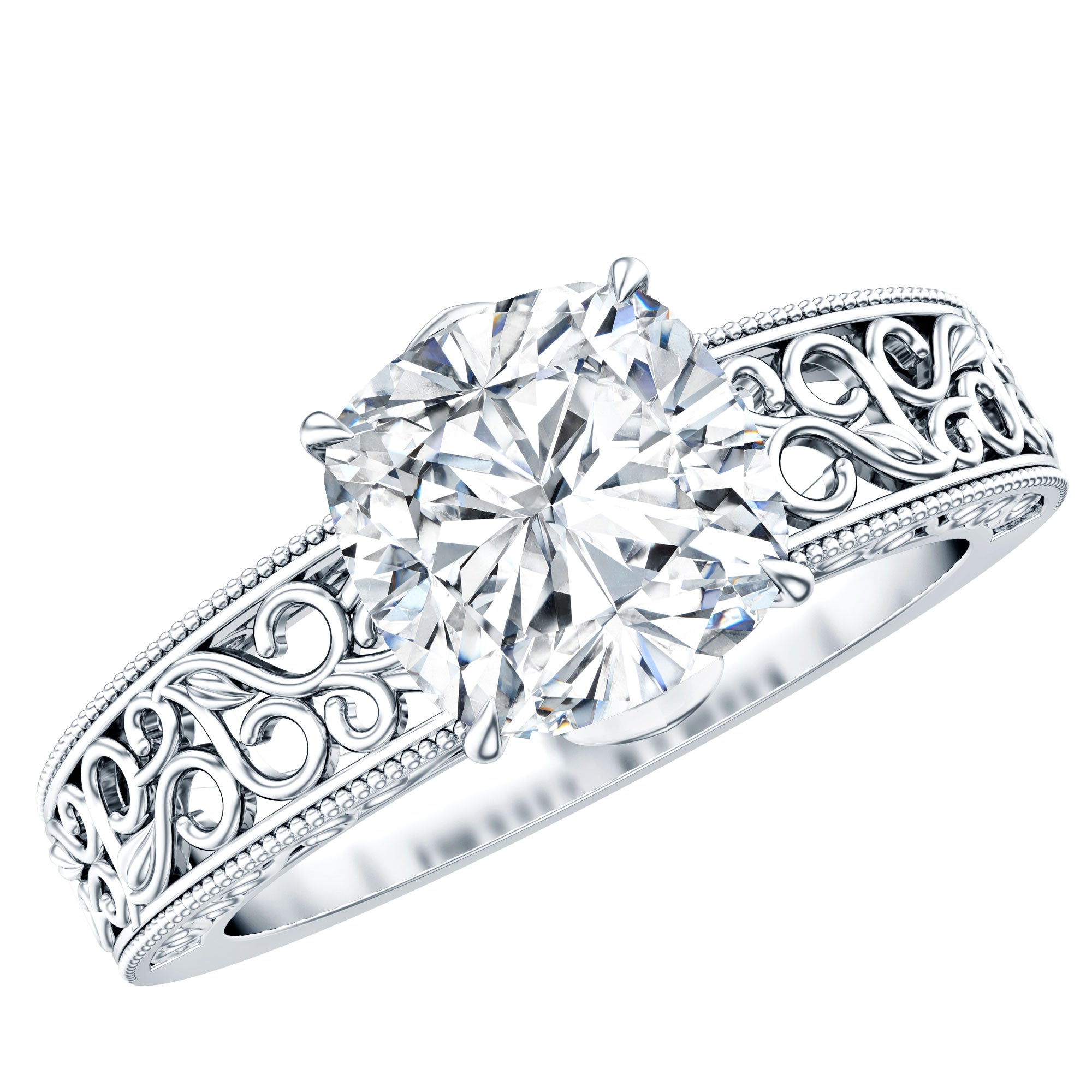 3 Carat Cushion Cut Moissanite Engagement Ring with Filigree Details