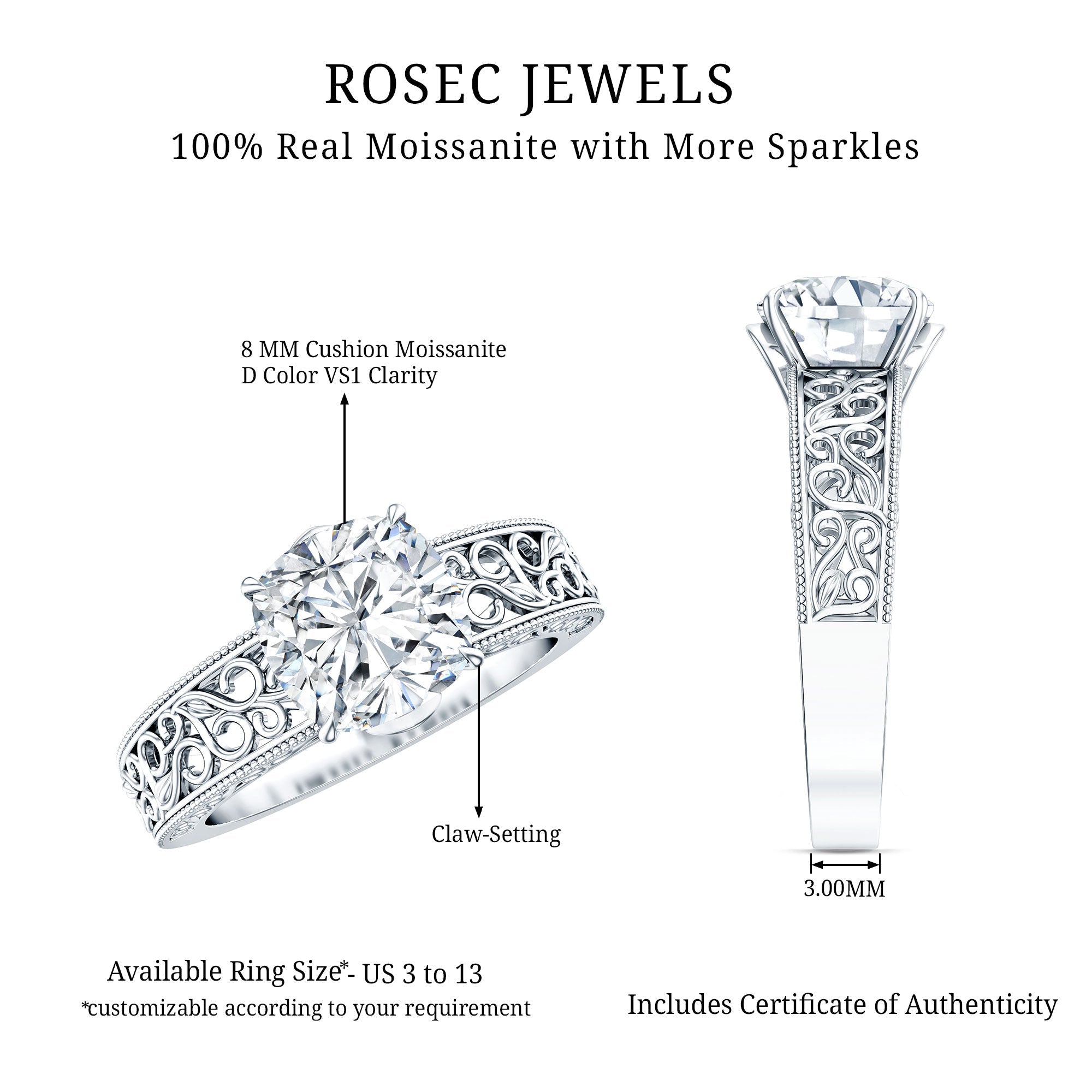 3 Carat Cushion Cut Moissanite Engagement Ring with Filigree Details